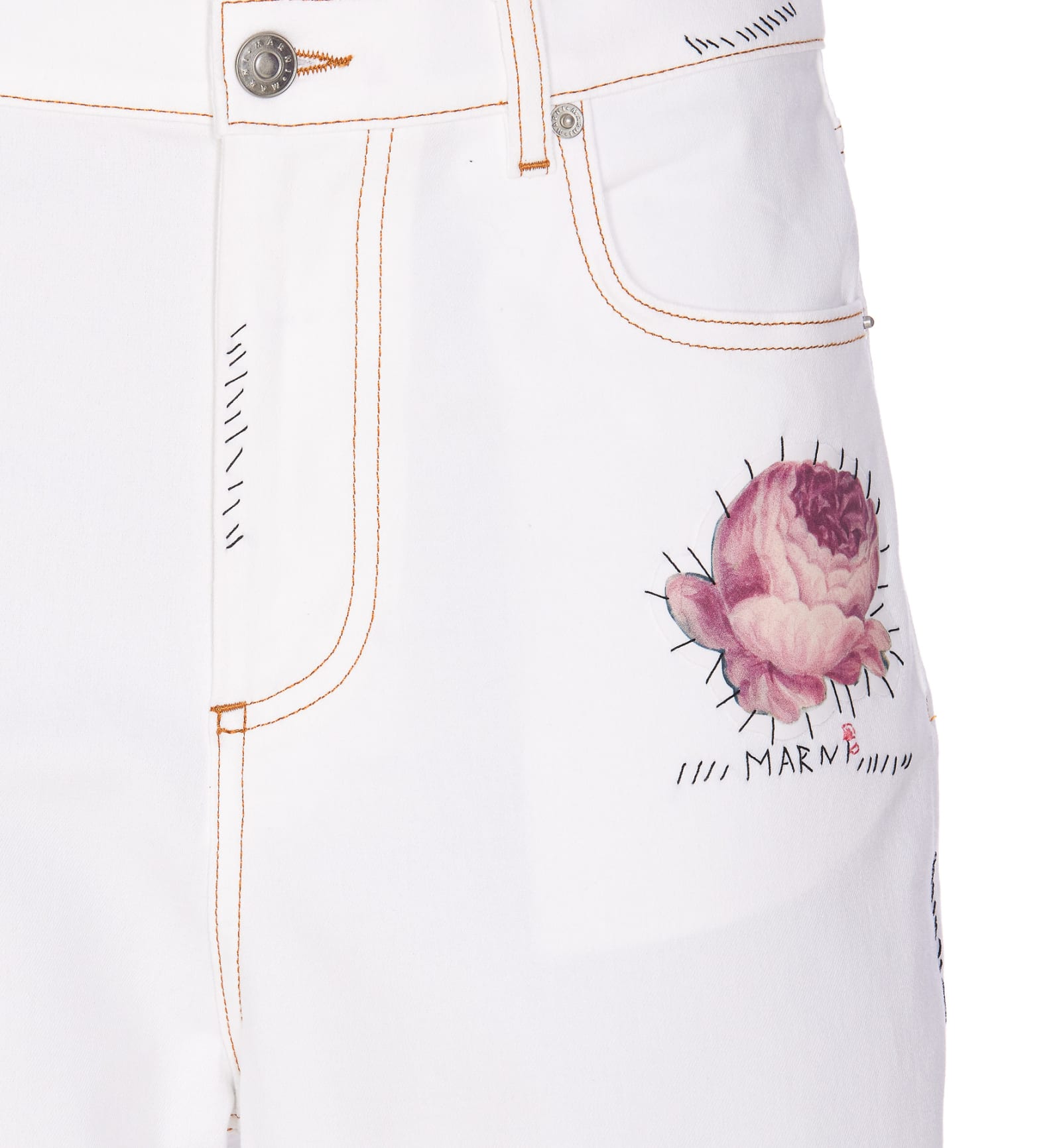 Shop Marni Denim Pants With Flower Patch In White