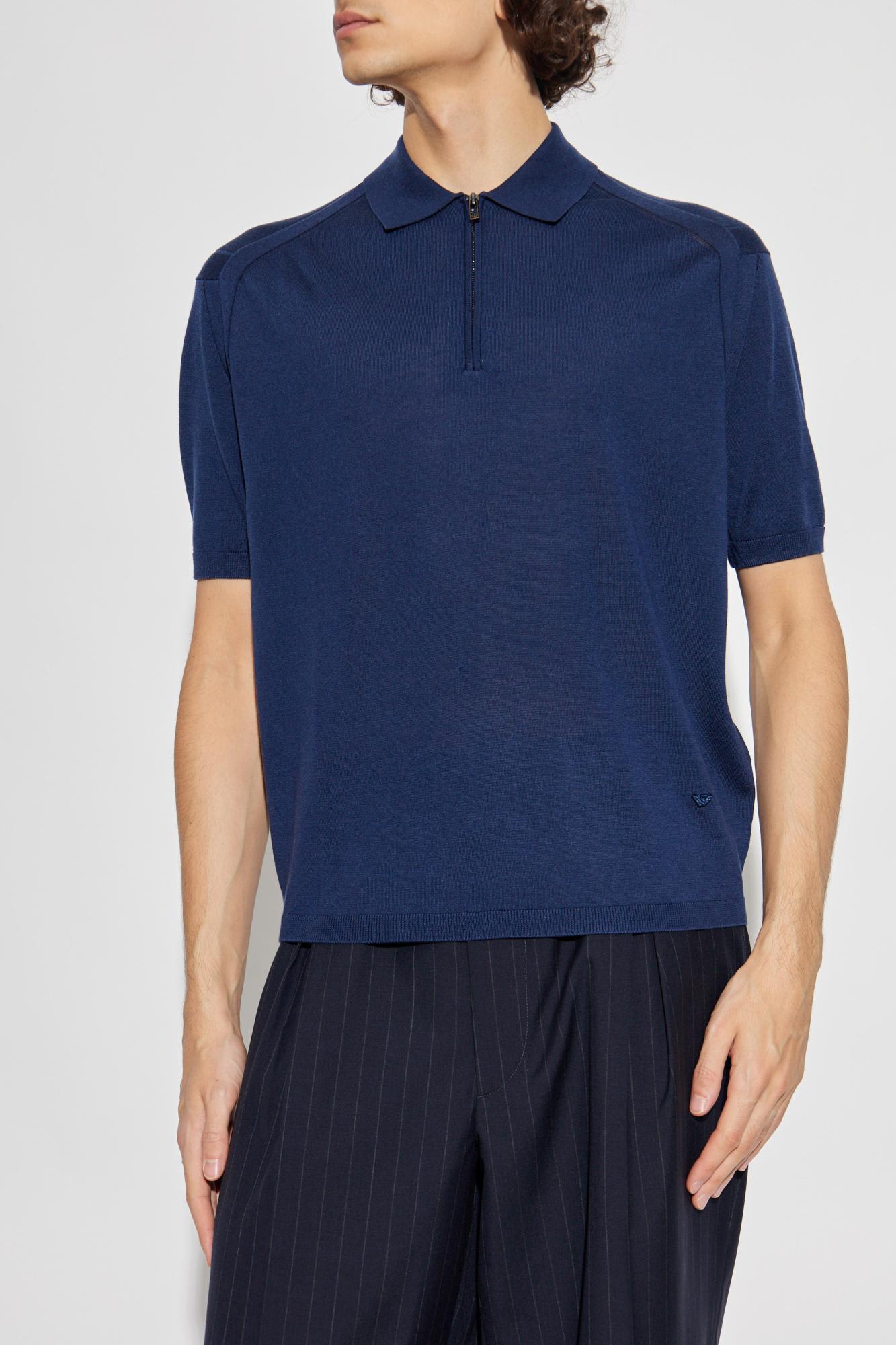 Emporio Armani Asv Plain-knit Jumper With Polo-shirt Collar, In A Wool And Lyocell Blend In Blue