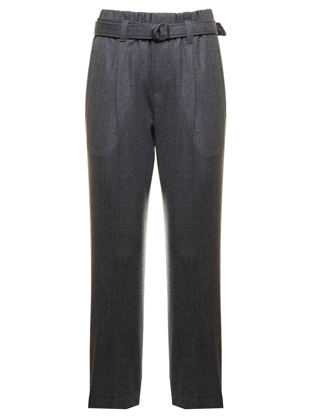 Grey Wool Flannel Pants With Belt Brunello Cucinelli Woman