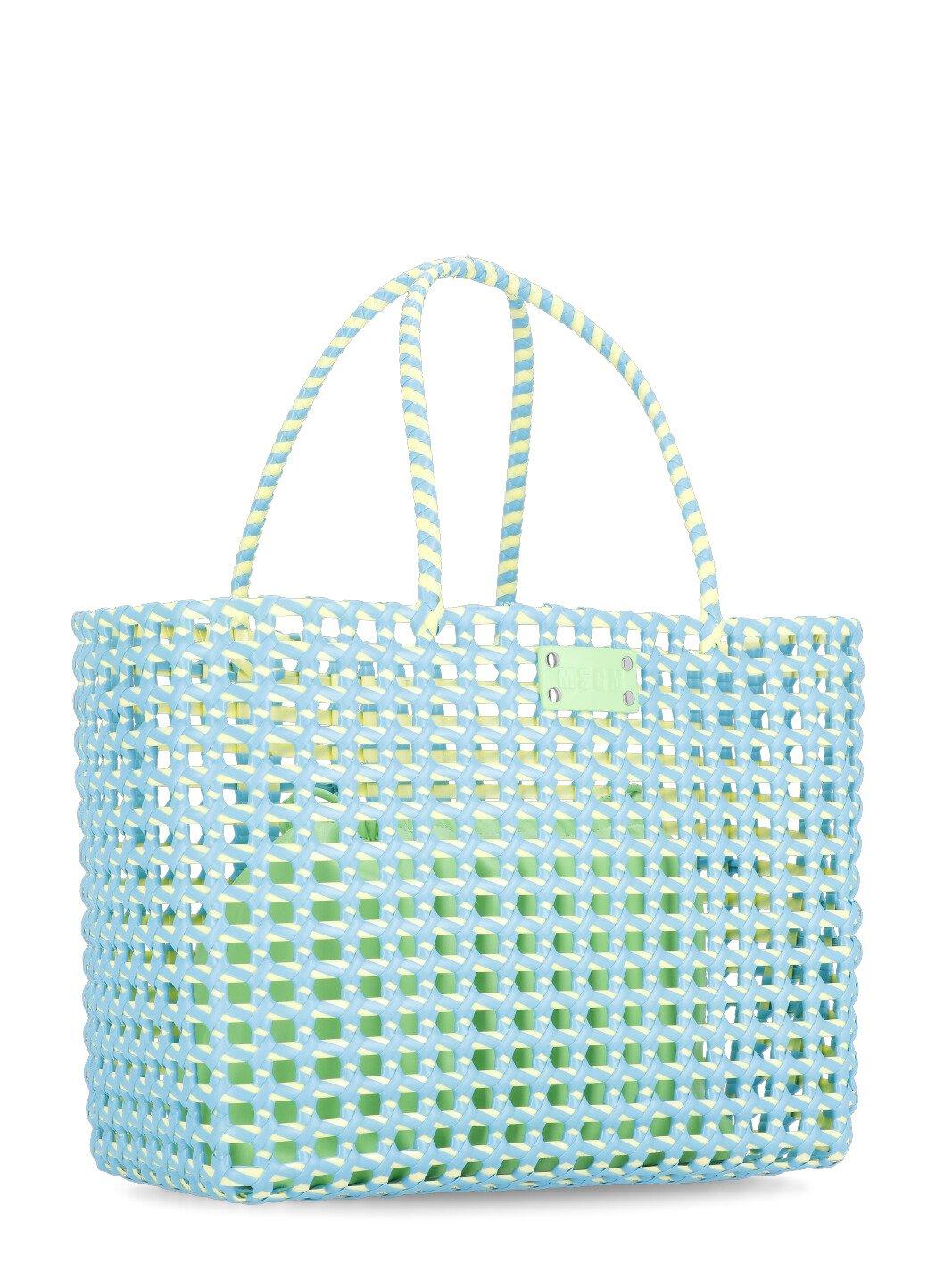 Shop Msgm Logo Patch Basket Bag In Light Blue/yellow