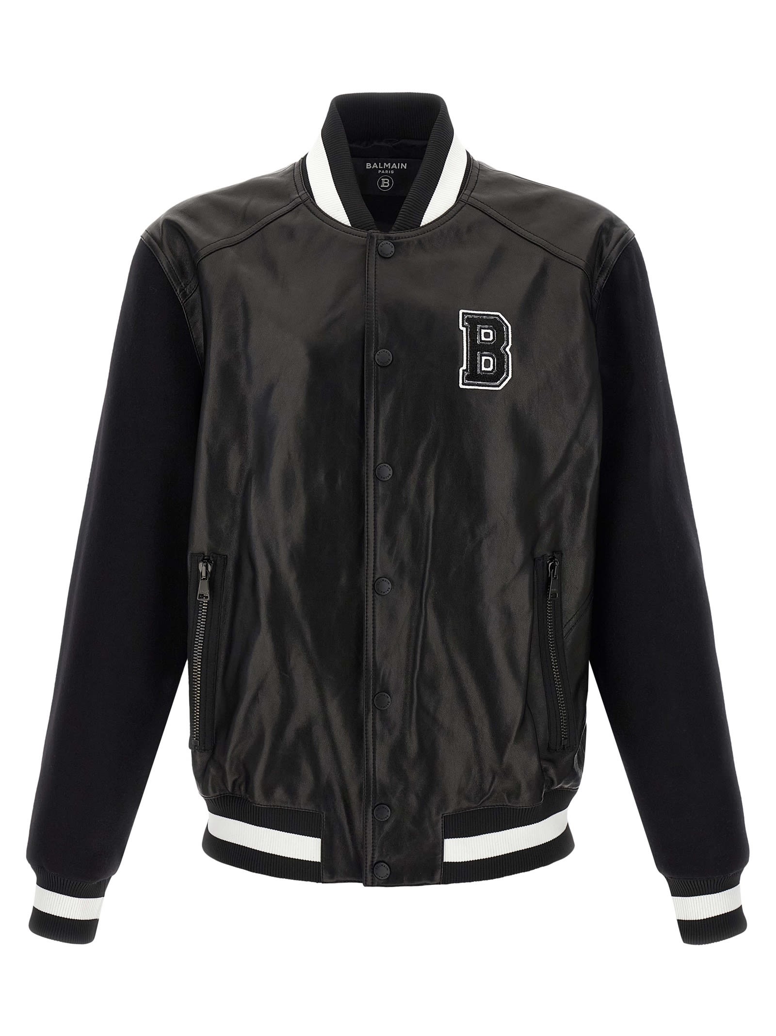 Balmain Varsity Leather Bomber Jacket In Black