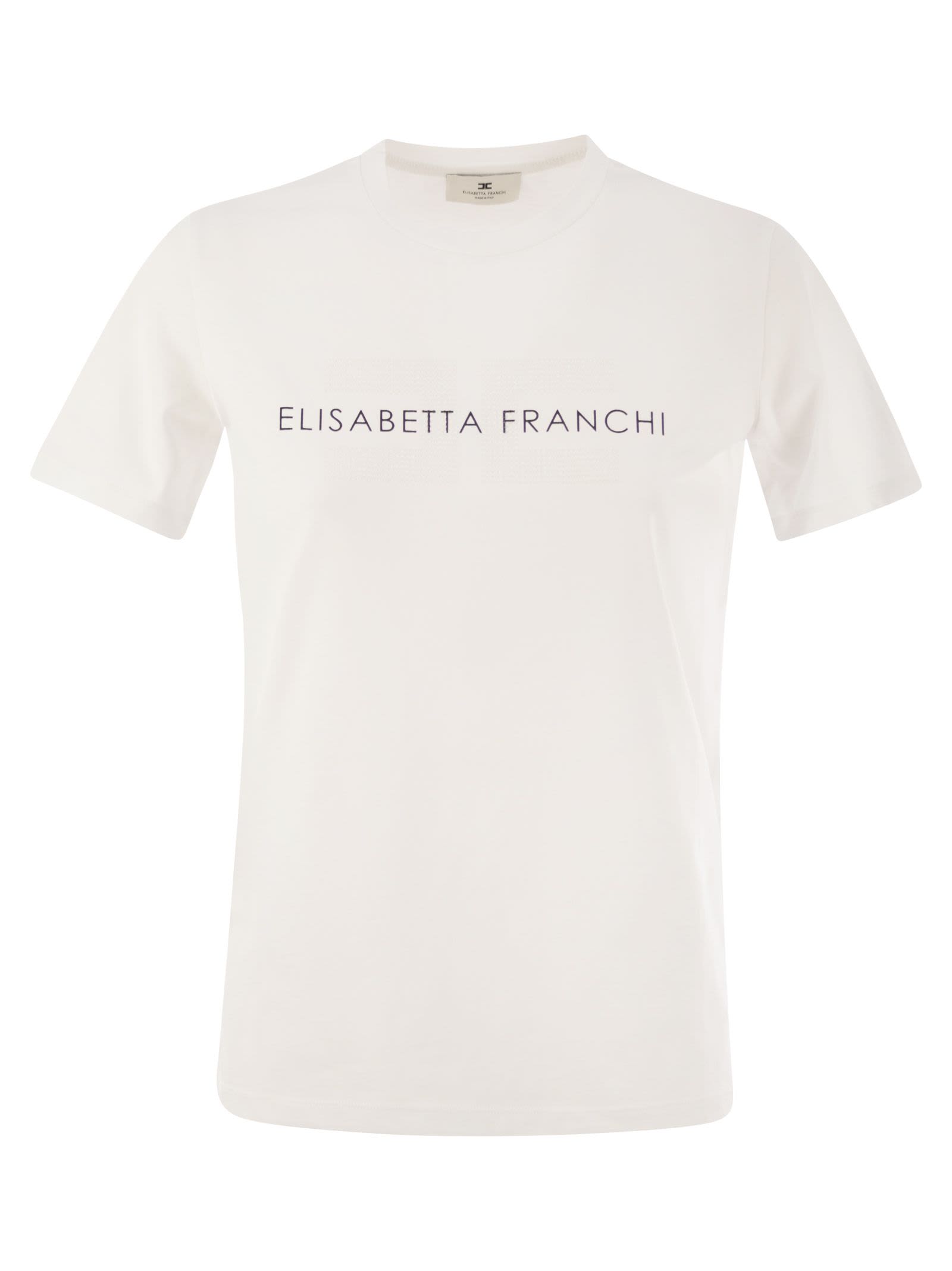 Shop Elisabetta Franchi T-shirt In Jersey Con Logo Strass In Chalk