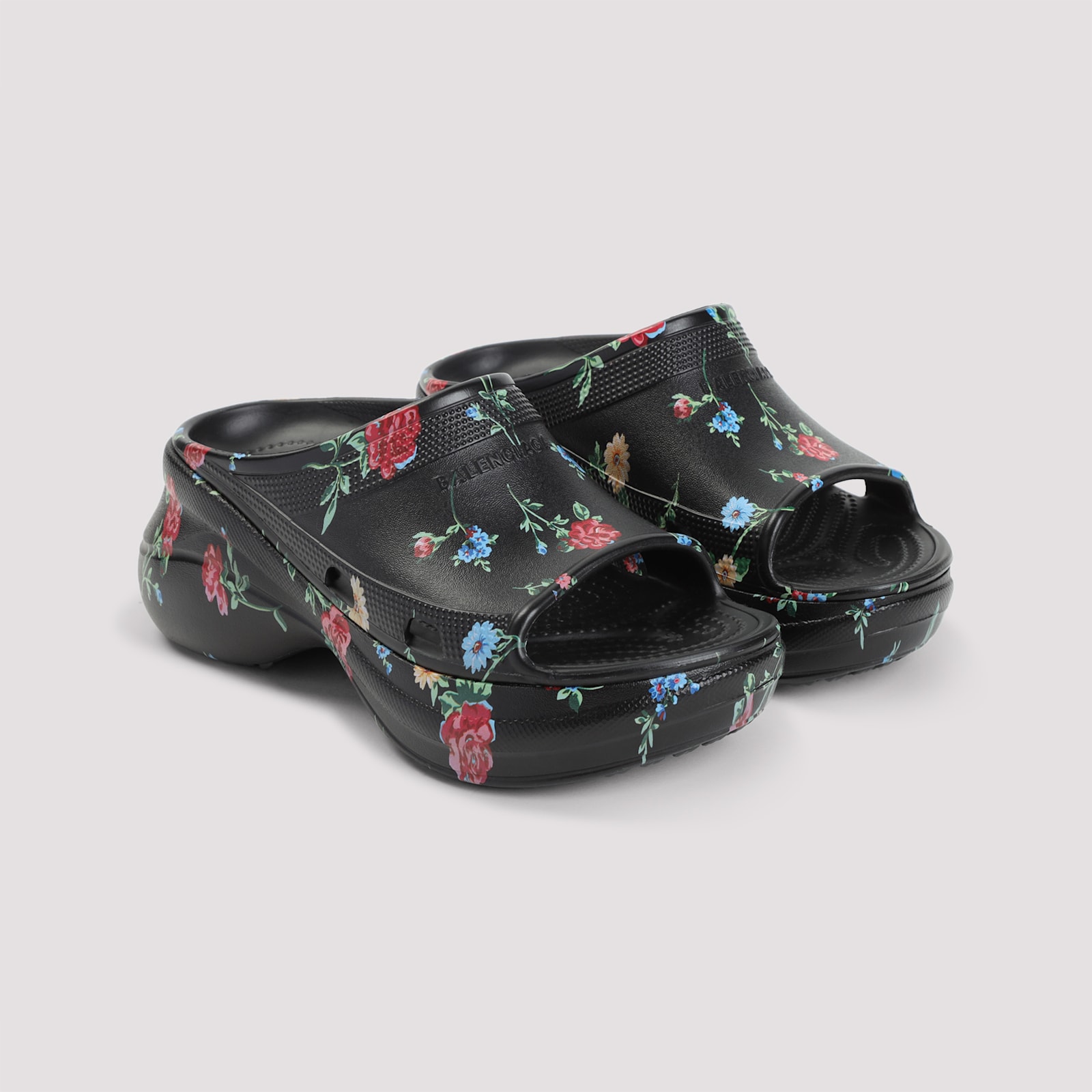 Balenciaga Floral Pattern Rubber Pool Slide Sandals In Floral Falling Black