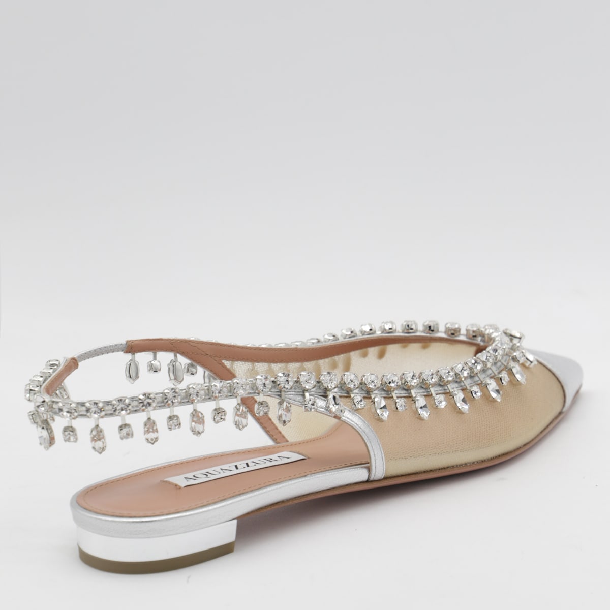 Aquazzura Temptation Crystal Mesh Slingback Flats In Silver