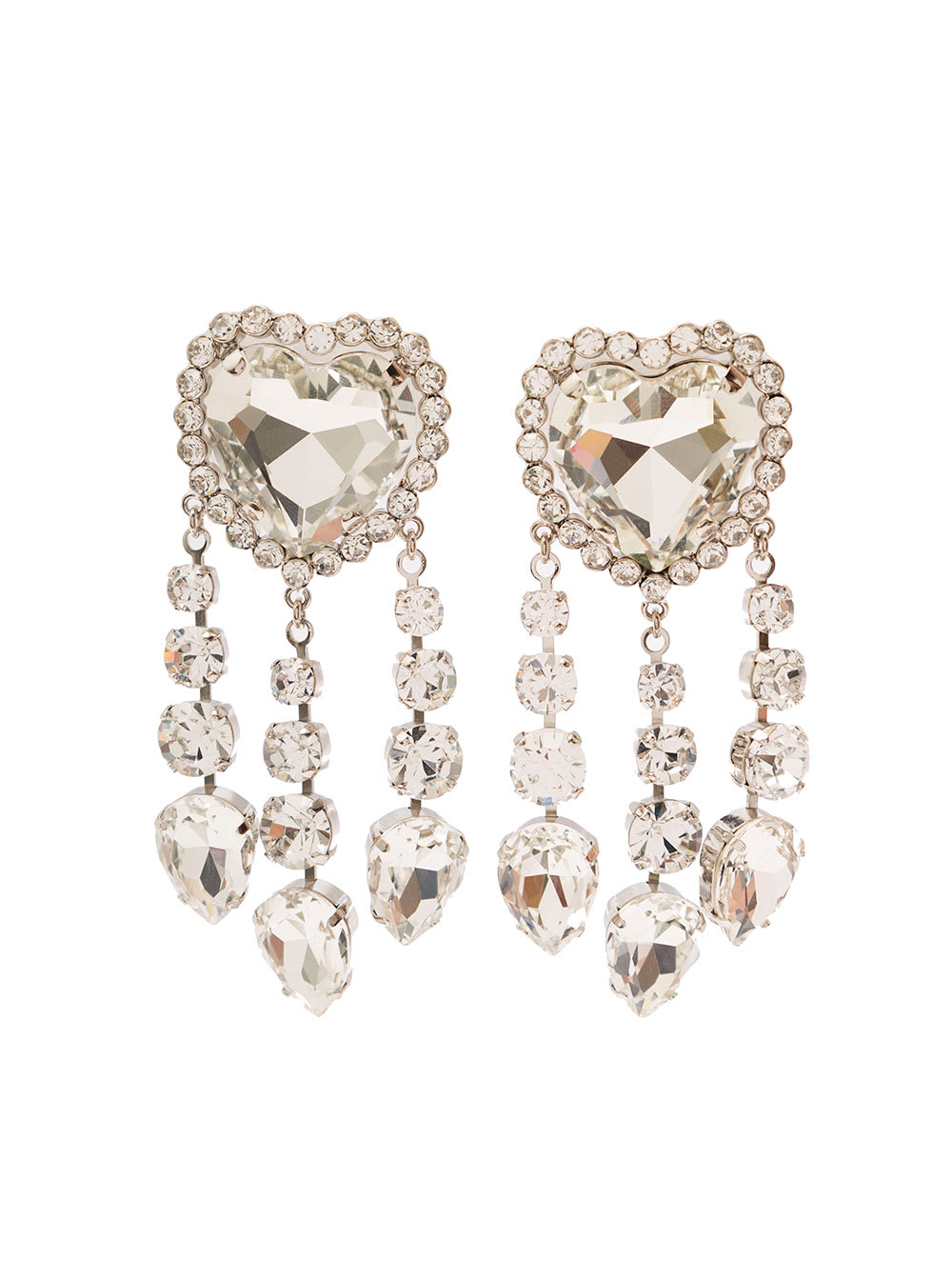 Alessandra Rich Silver-colored Heart-shaped Clip-on Earrings With Crystal Pendants In Hypoallergenic Brass Woman In Metallic