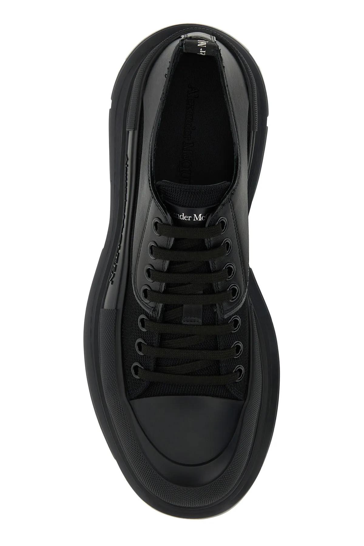 Shop Alexander Mcqueen Black Leather And Fabric Tread Slick Sneakers In Nero