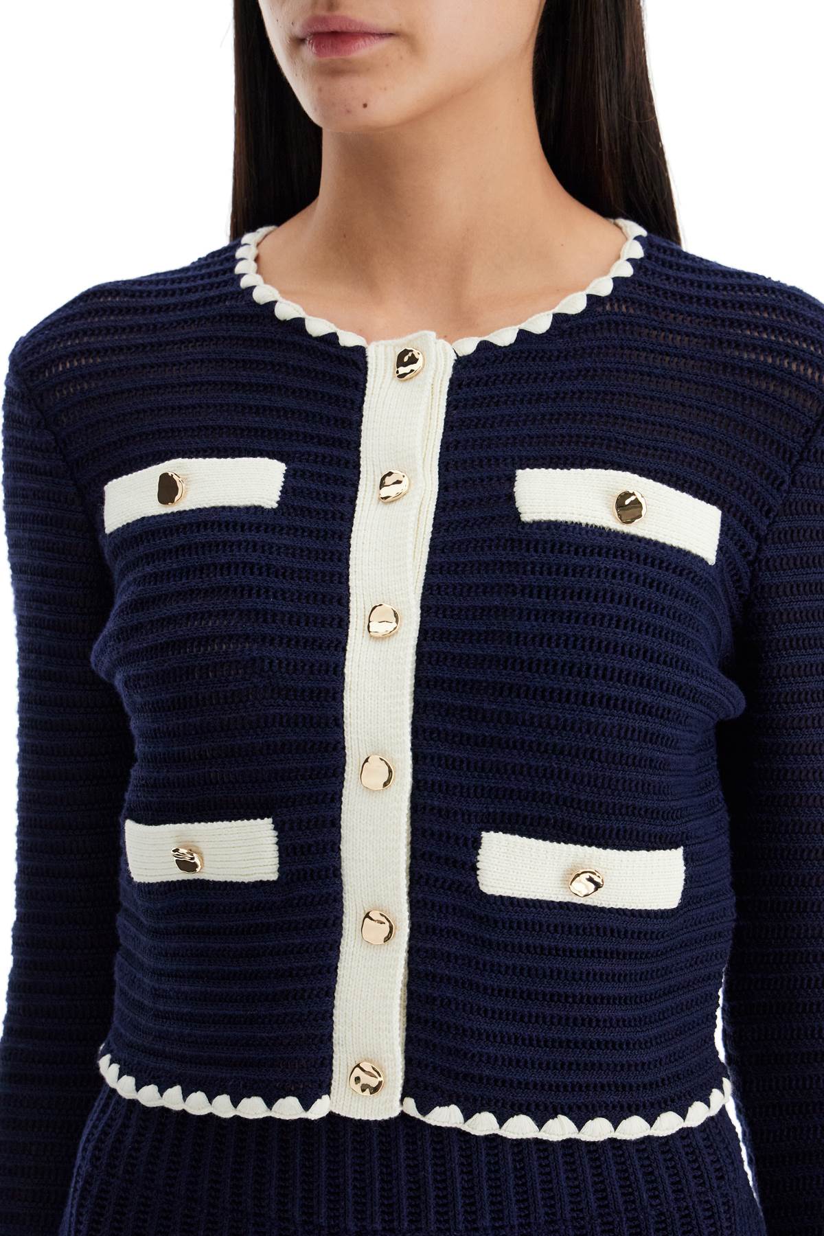 Shop Self-portrait Cropped Crochet Cardigan For In Navy (blue)