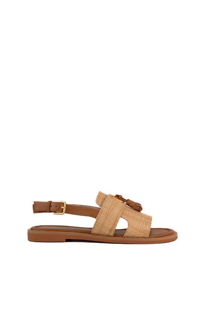 Coccinelle Raffia Sandal With Brown Tassels In Natural/cuir
