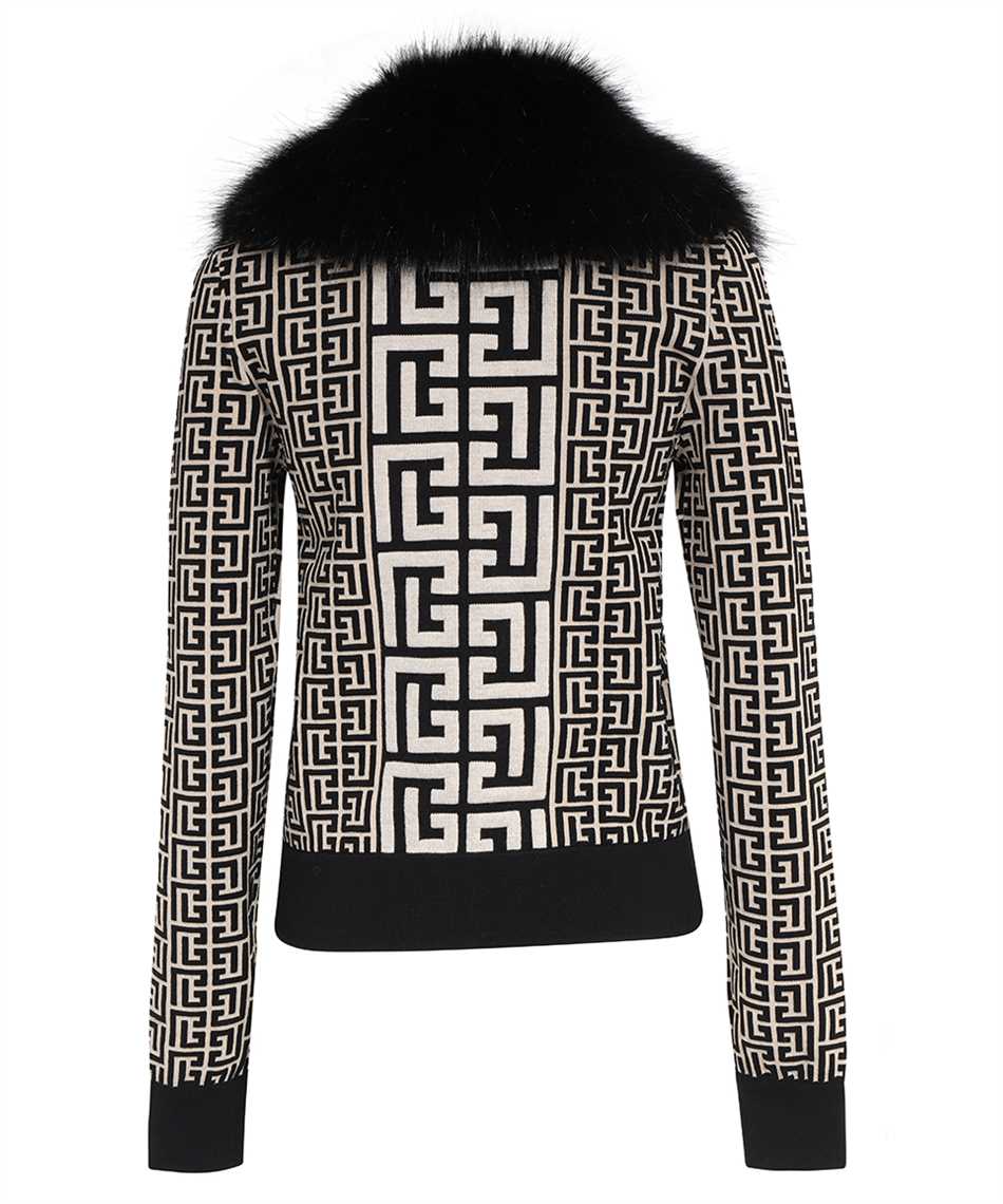 Balmain Fur Collar Monogram Knit Bomber Jacket In Black
