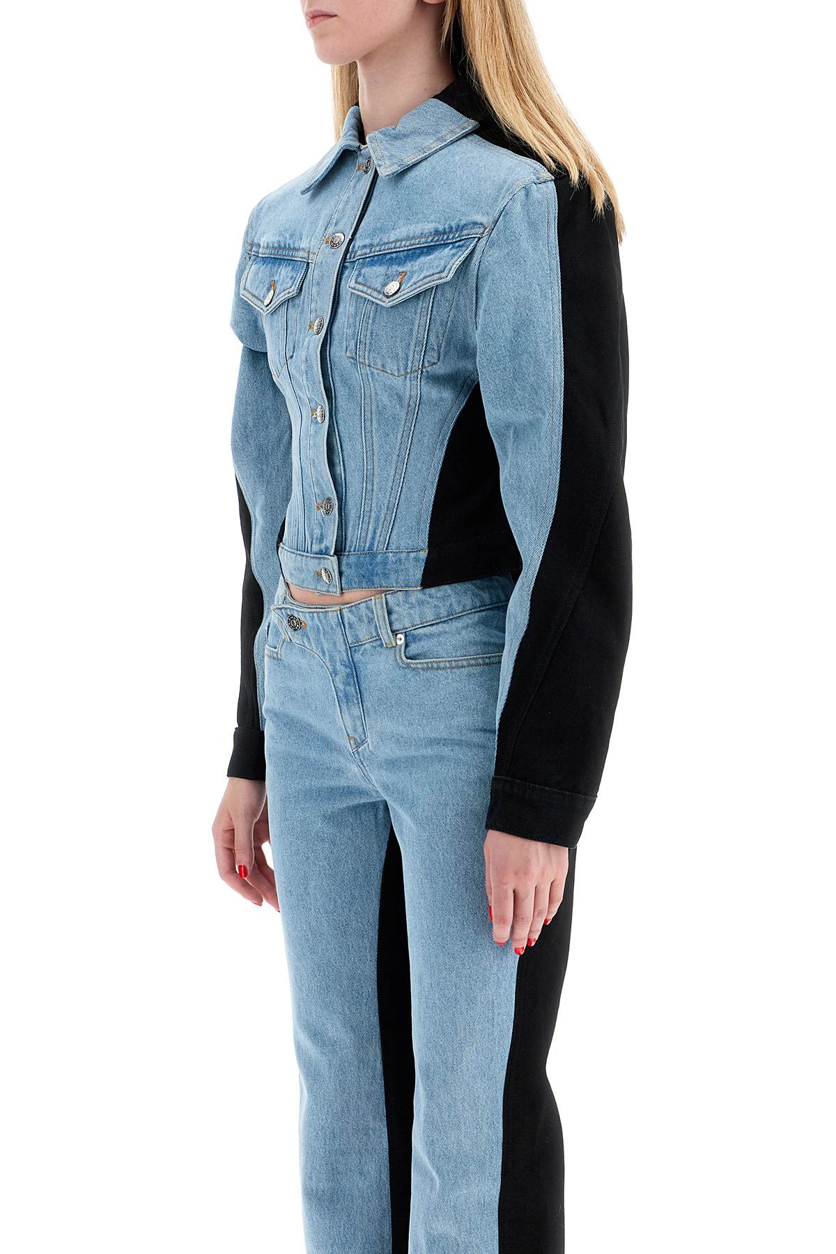 Shop Mugler Bicolor Denim Jacket In Tokyo Blue Black (blue)