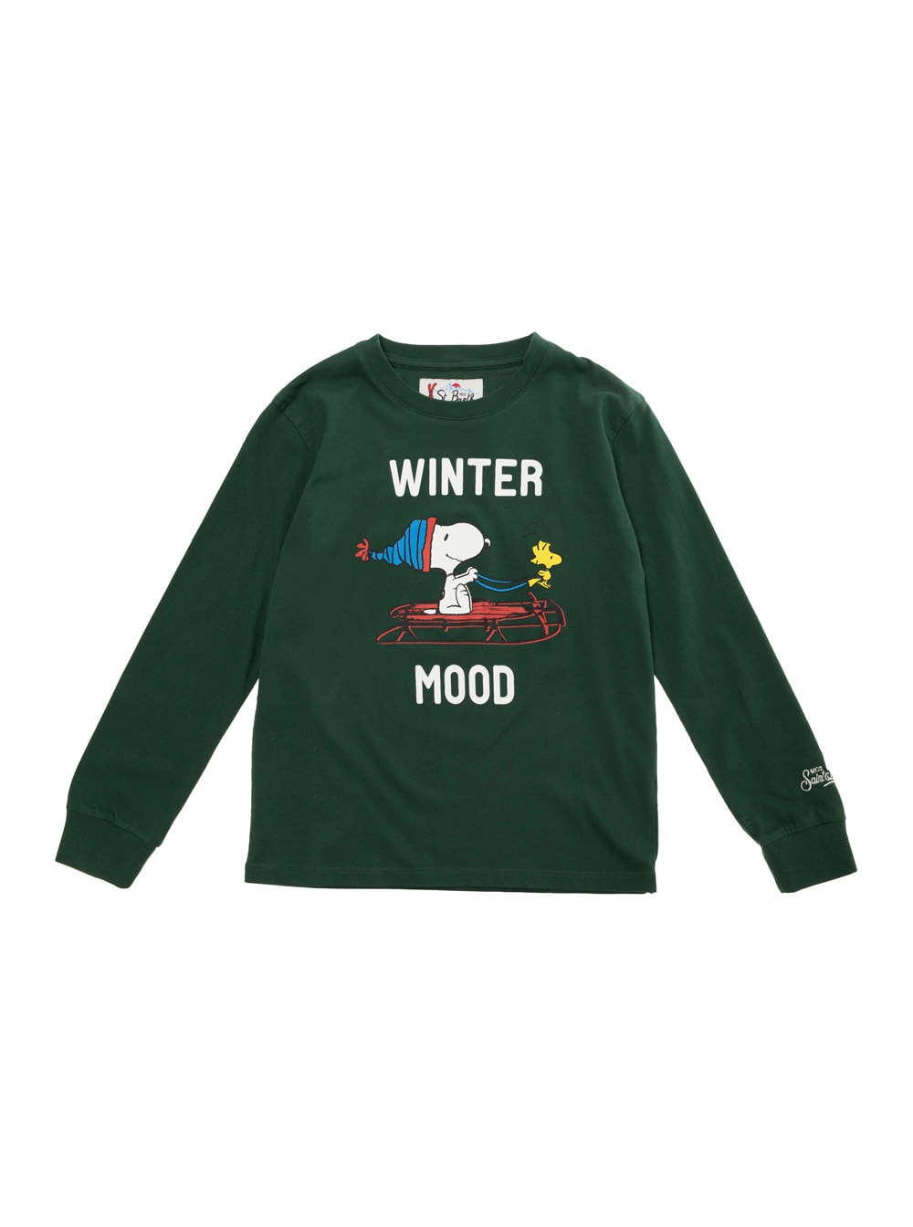 MC2 SAINT BARTH LUTON GREEN LONG-SLEEVE T-SHIRT WITH SNOOPY WINTER MOOD PRINT IN WOOL BLEND BOY