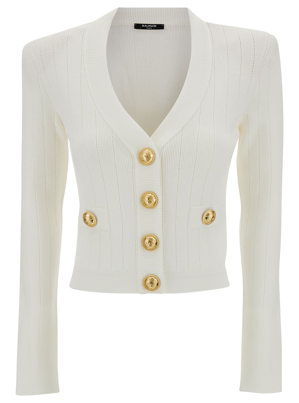 Shop Balmain Buttoned Knit Crop Cardigan In Bianco