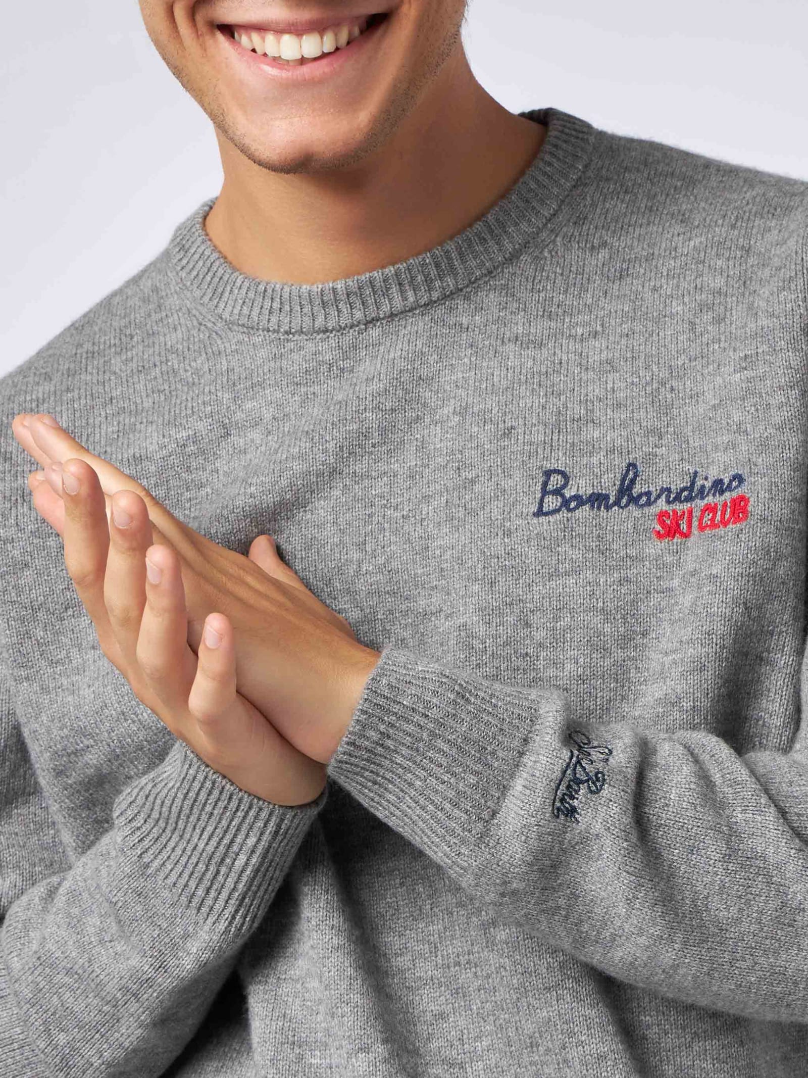 Mc2 Saint Barth Man Crewneck Sweater With Bombardino Ski Club Embroidery In Grey