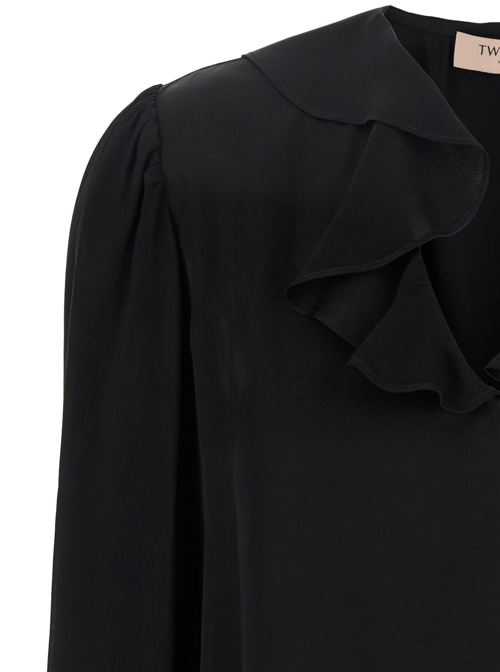 TWINSET BLACK V-NECK BLOUSE WITH RUFFLES IN ACETATE BLEND WOMAN 