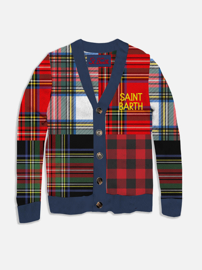 Shop Mc2 Saint Barth Man Tartan Knitted Cardigan With Saint Barth Embroidery In Blue