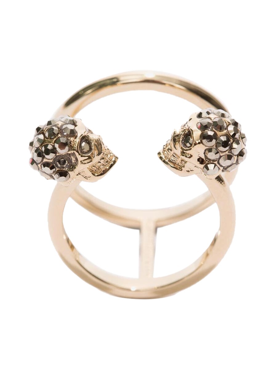 Alexander Mcqueen Twin Skull Double Ring In Gold