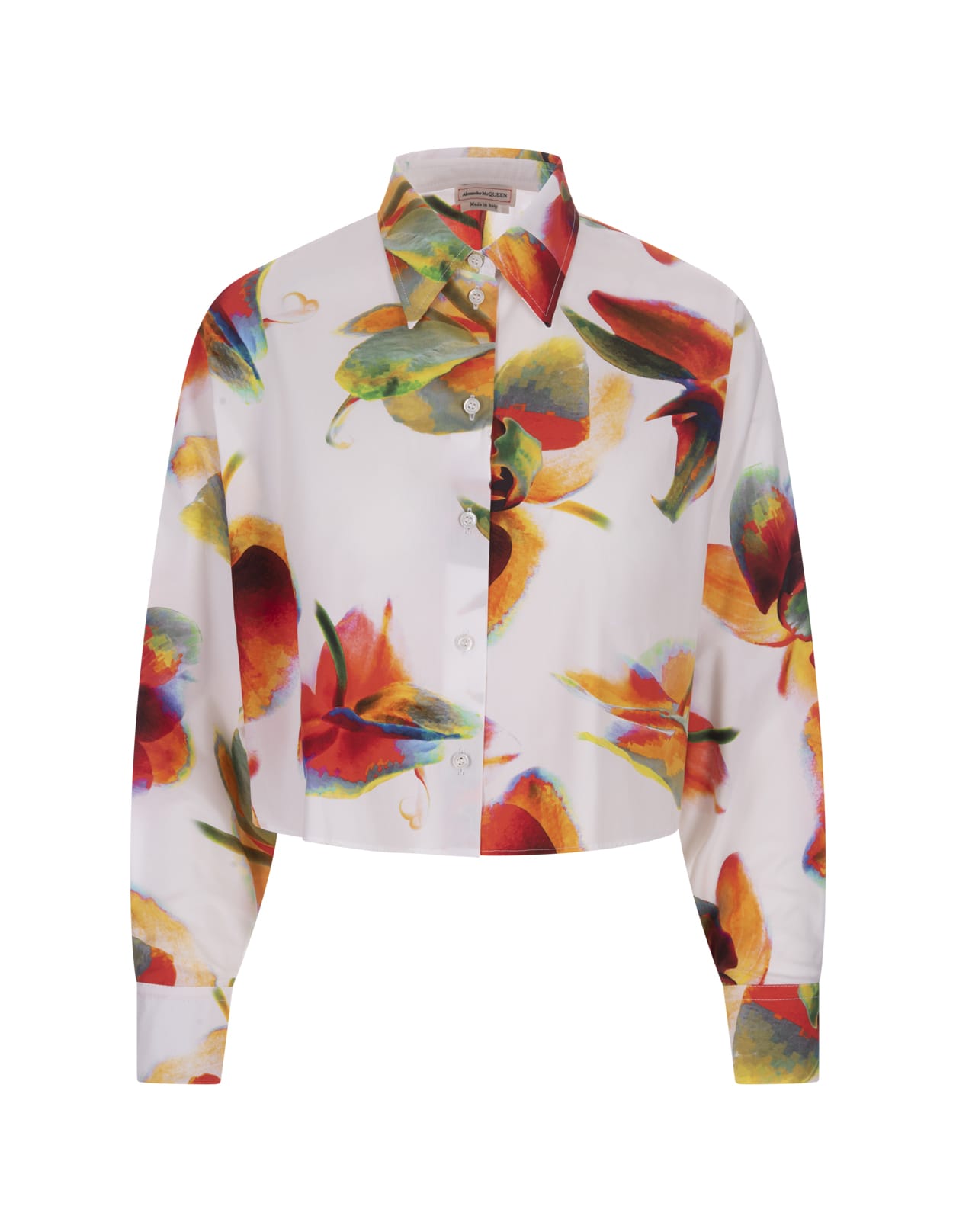 ALEXANDER MCQUEEN WHITE SHORT SHIRT WITH SOLARISED ORCHID PRINT