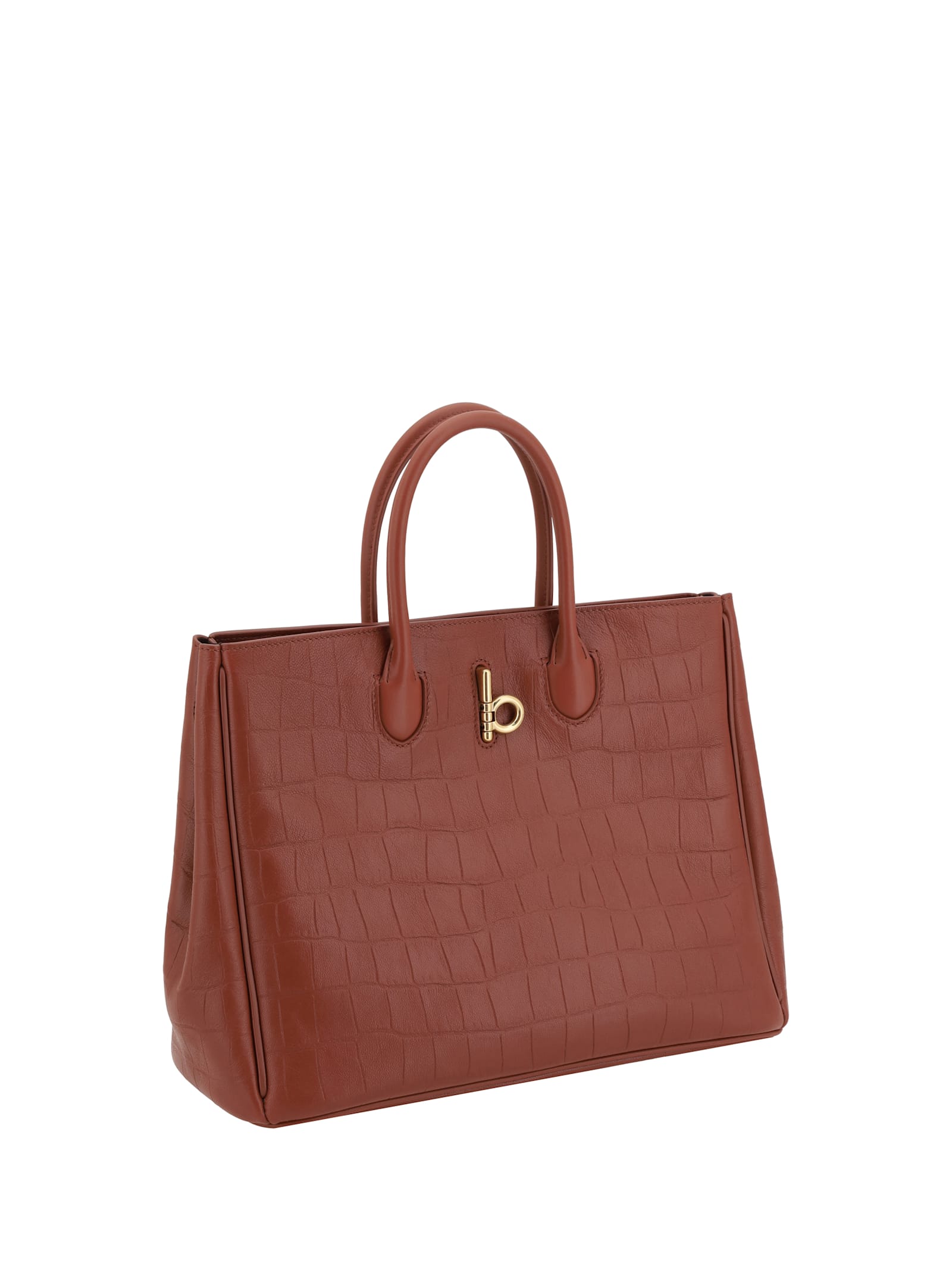 Burberry Croco Leather Tote Bag With Gold Hardware In Rust
