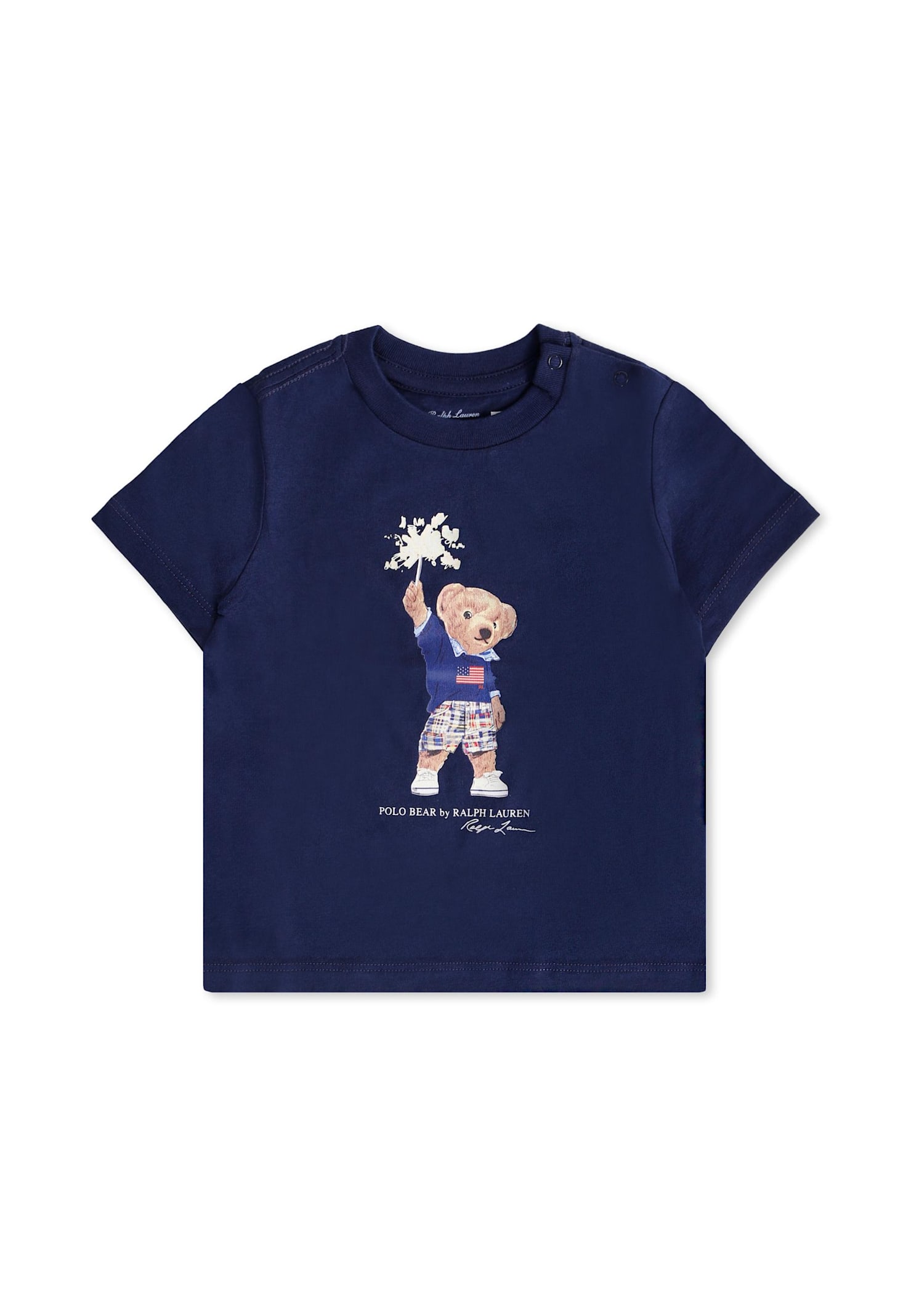 Ralph Lauren Blue T-shirt For Baby Boy With Polo Bear In Brown