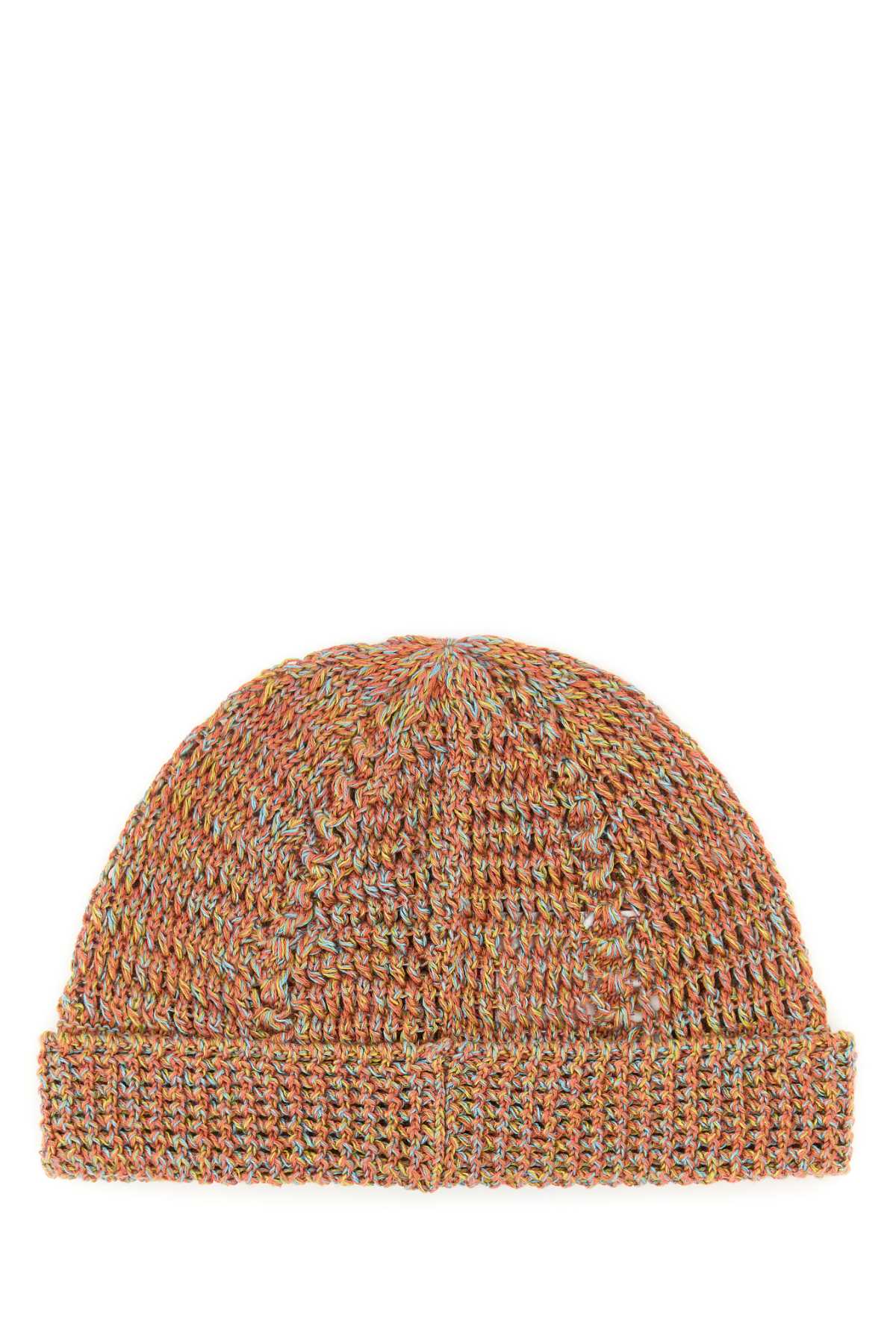 Valentino Multicolor Linen Blend Knitted Vlogo Signature Beanie Hat In Ocramouline