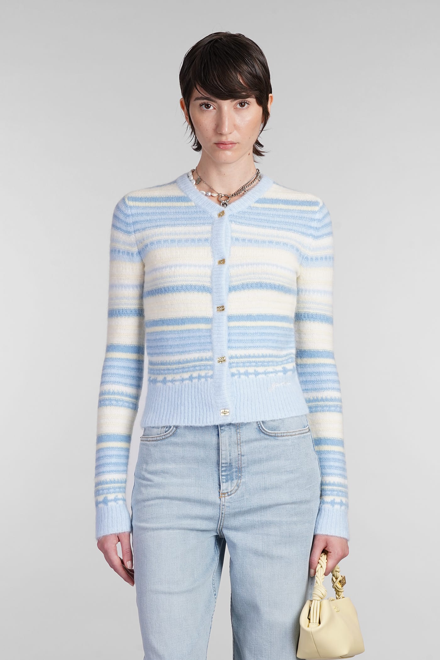 Shop Ganni Cardigan In Cyan Wool