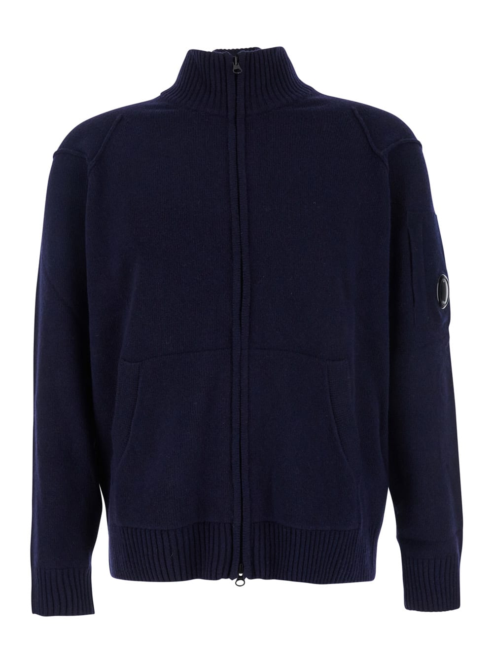 C.p. Company Blue Jacket With High Neck And Logo Plaque On The Sleeve In Wool Blend Man In Blue