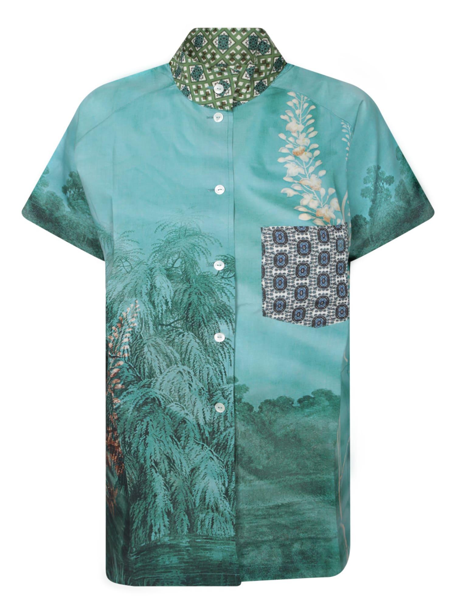 Pierre-louis Mascia Aqua Green Silk Shirt With Tropical Print