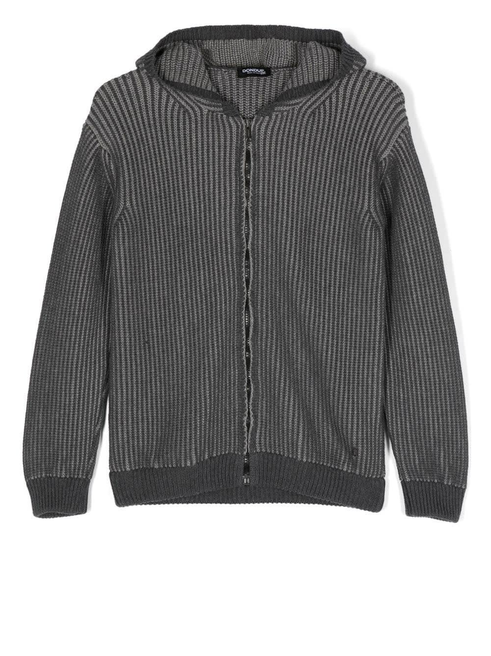 Dondup Kids Grey Ribbed Cardigan With Zip And Hood