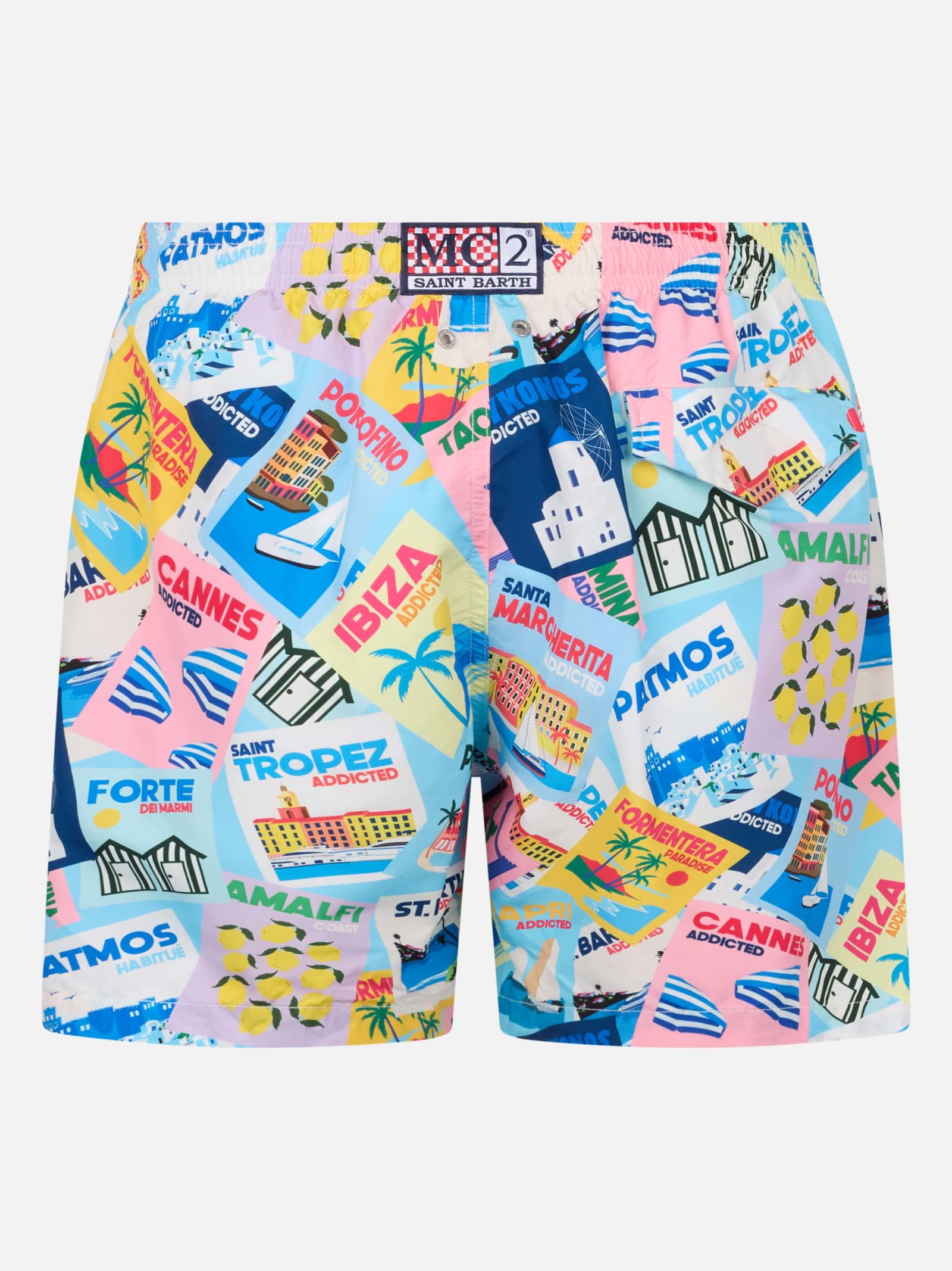 Mc2 Saint Barth Man Lightweight Fabric Swim-shorts Lighting With Postcard Print In Blue