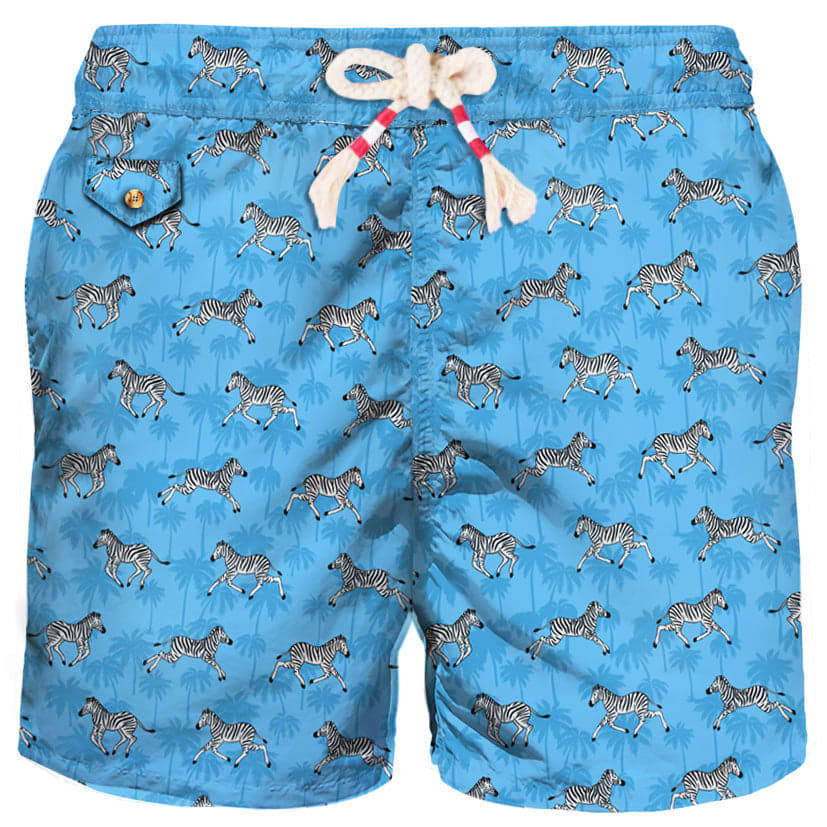 Mc2 Saint Barth Man Light Fabric Swim Shorts With Zebra Print In Blue