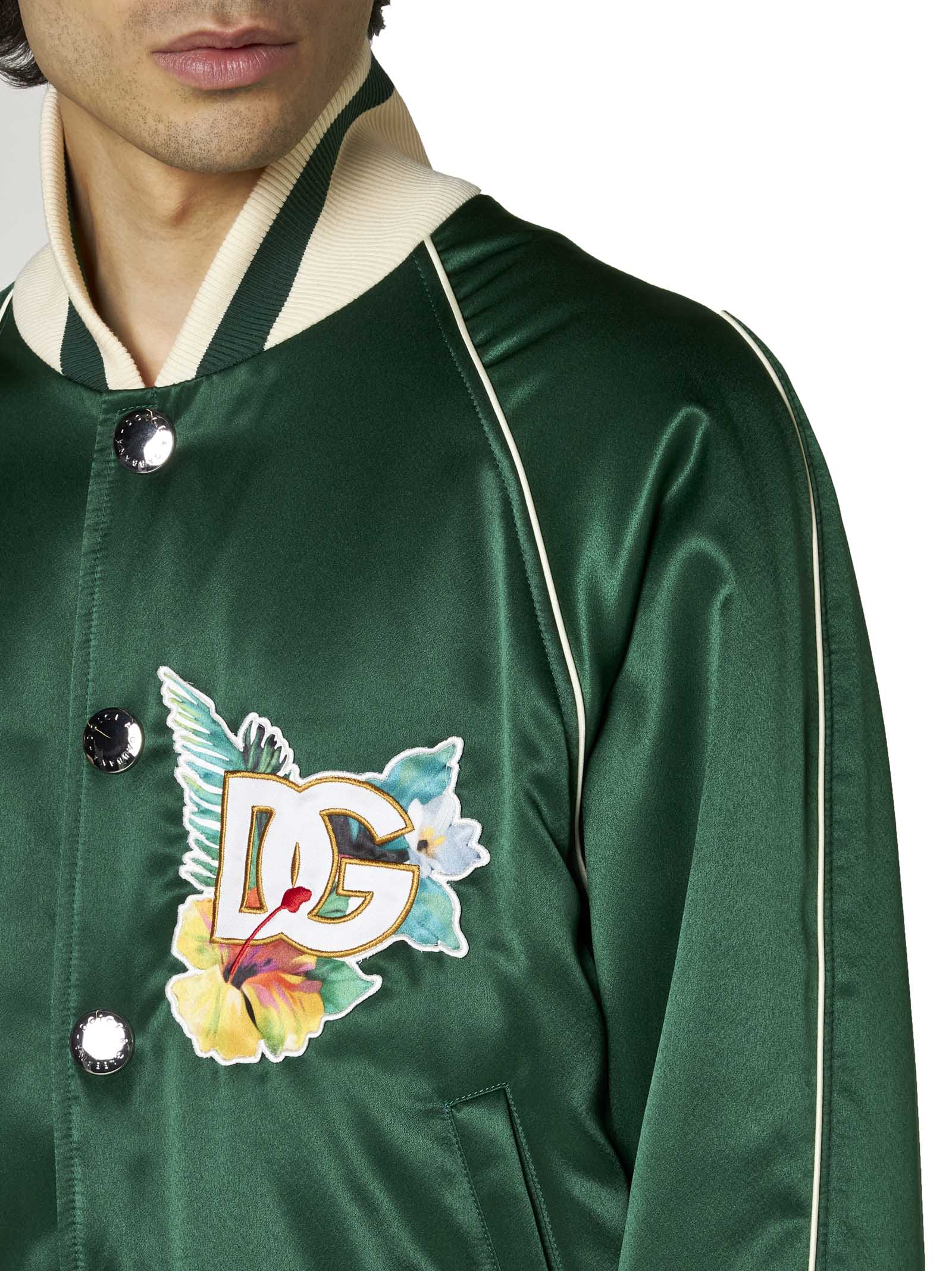 Dolce & Gabbana Logo-print Satin Bomber Jacket In Verde Scuro