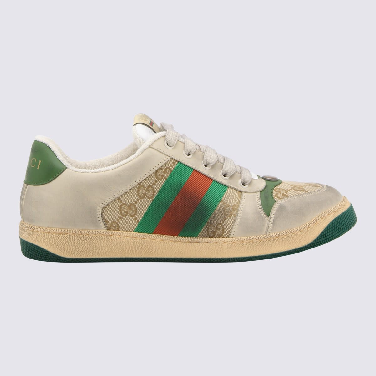 Shop Gucci Beige, Green, Orange Canvas And Leather Screener Sneakers In Beige/green