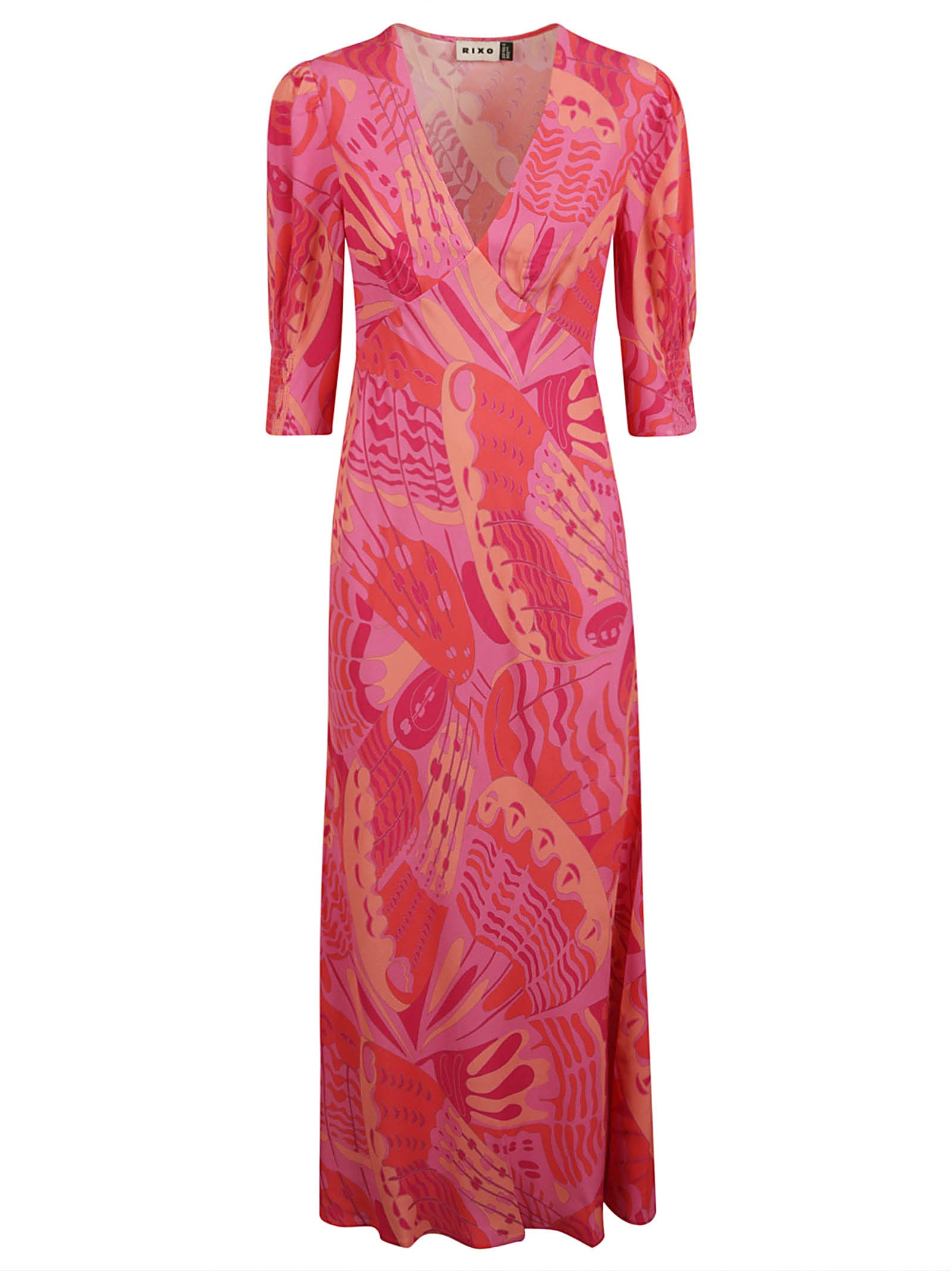 Shop Rixo London Butterfly Print V-neck Long Dress In Butterfly Pink