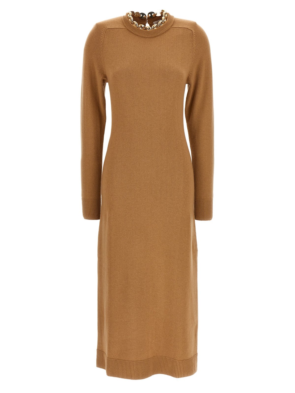 Chain-embellished Long-sleeved Knitted Dress