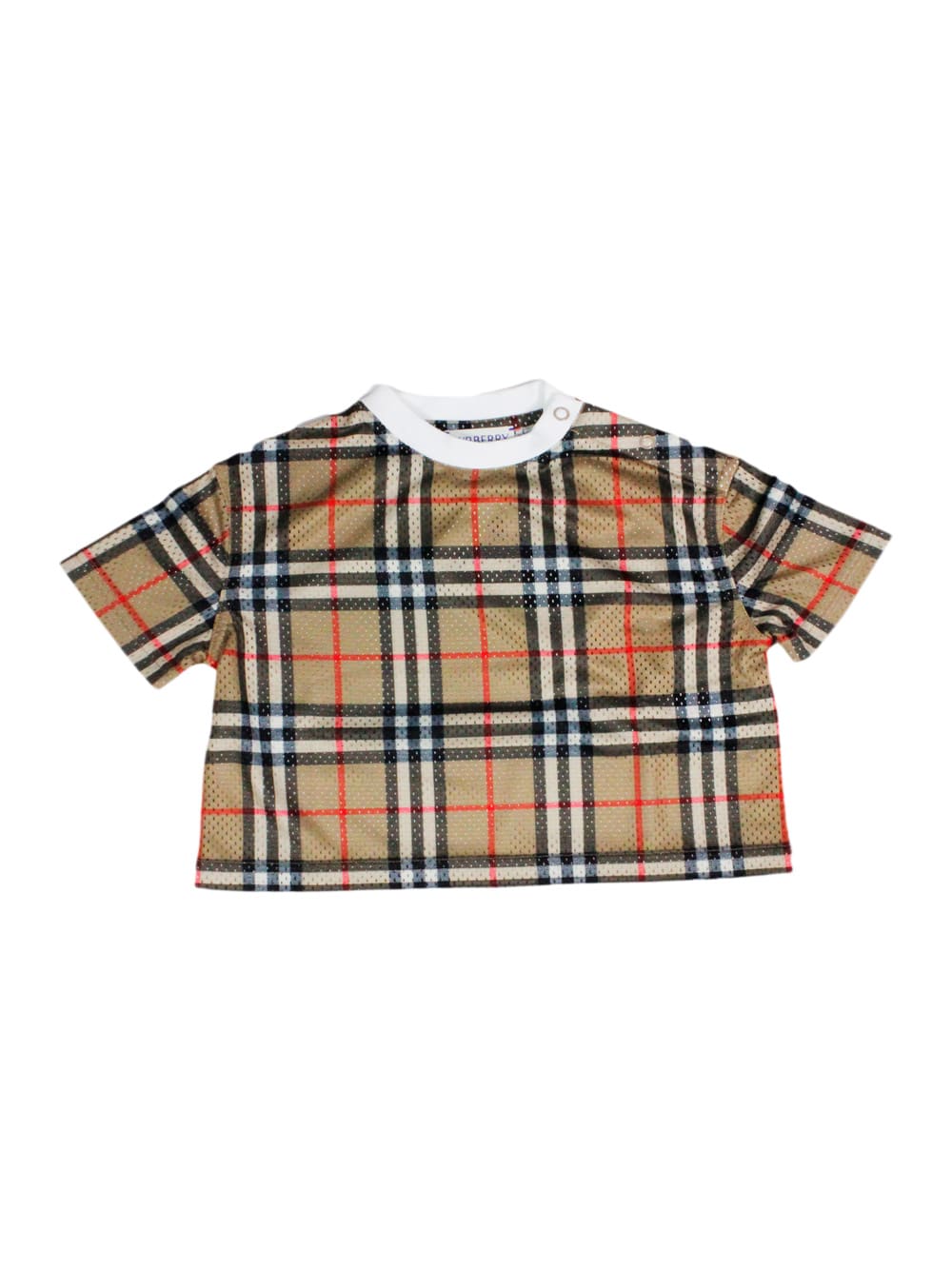 Burberry Crew-neck, Short-sleeved T-shirt In Perforated Fabric With Check Pattern And Small Buttons On The Shoulder.