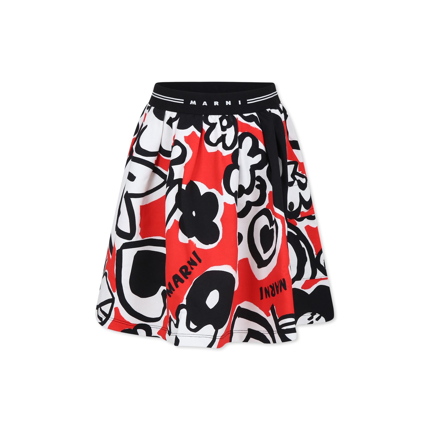 Marni Kids' Red Skirt For Girl With Flowers In Black