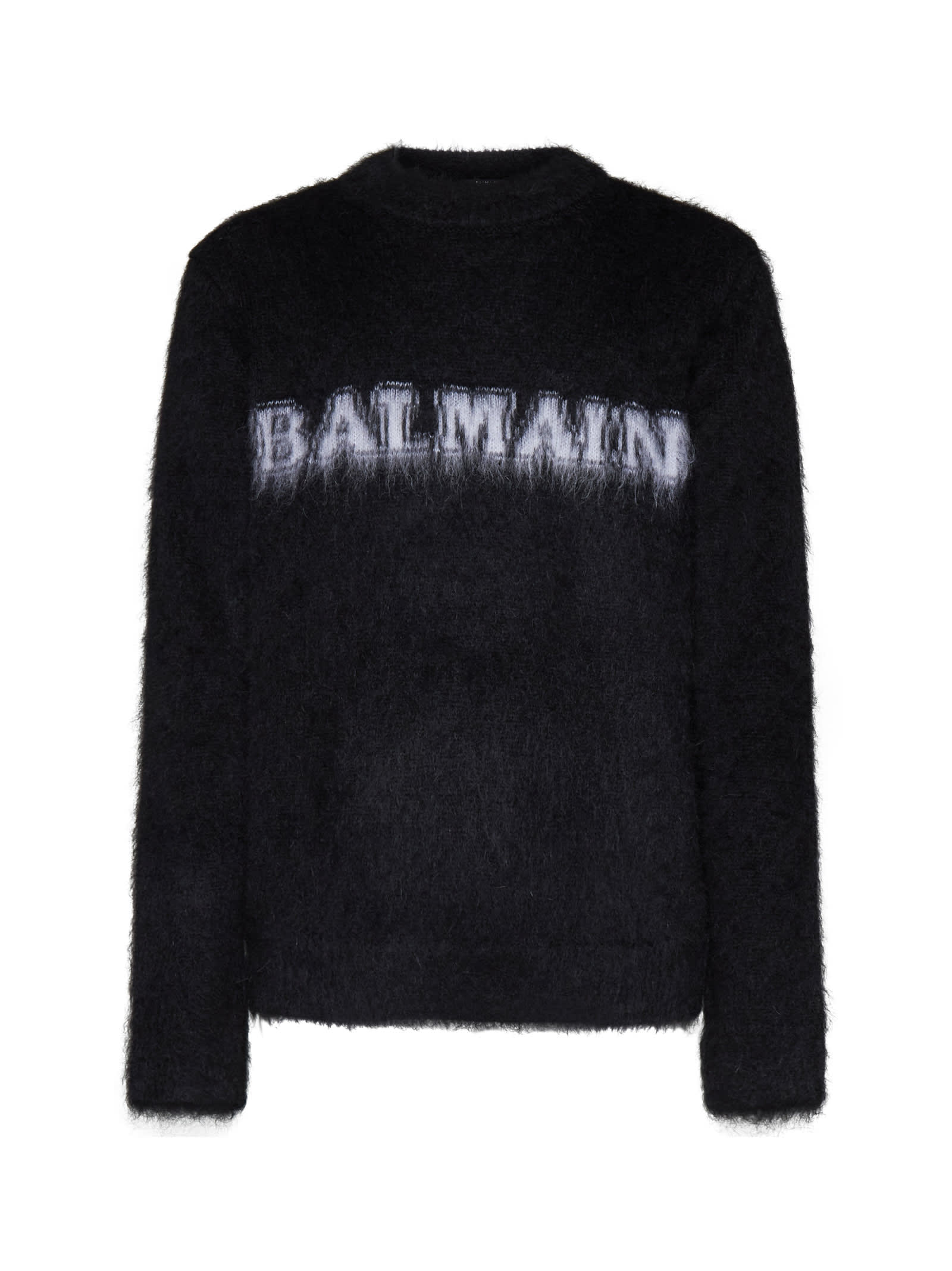 Balmain Black Crewneck Sweater With Maxi Logo Lettering On The Front And Brushed Effect In Wool Blen In Eab Noir Blanc