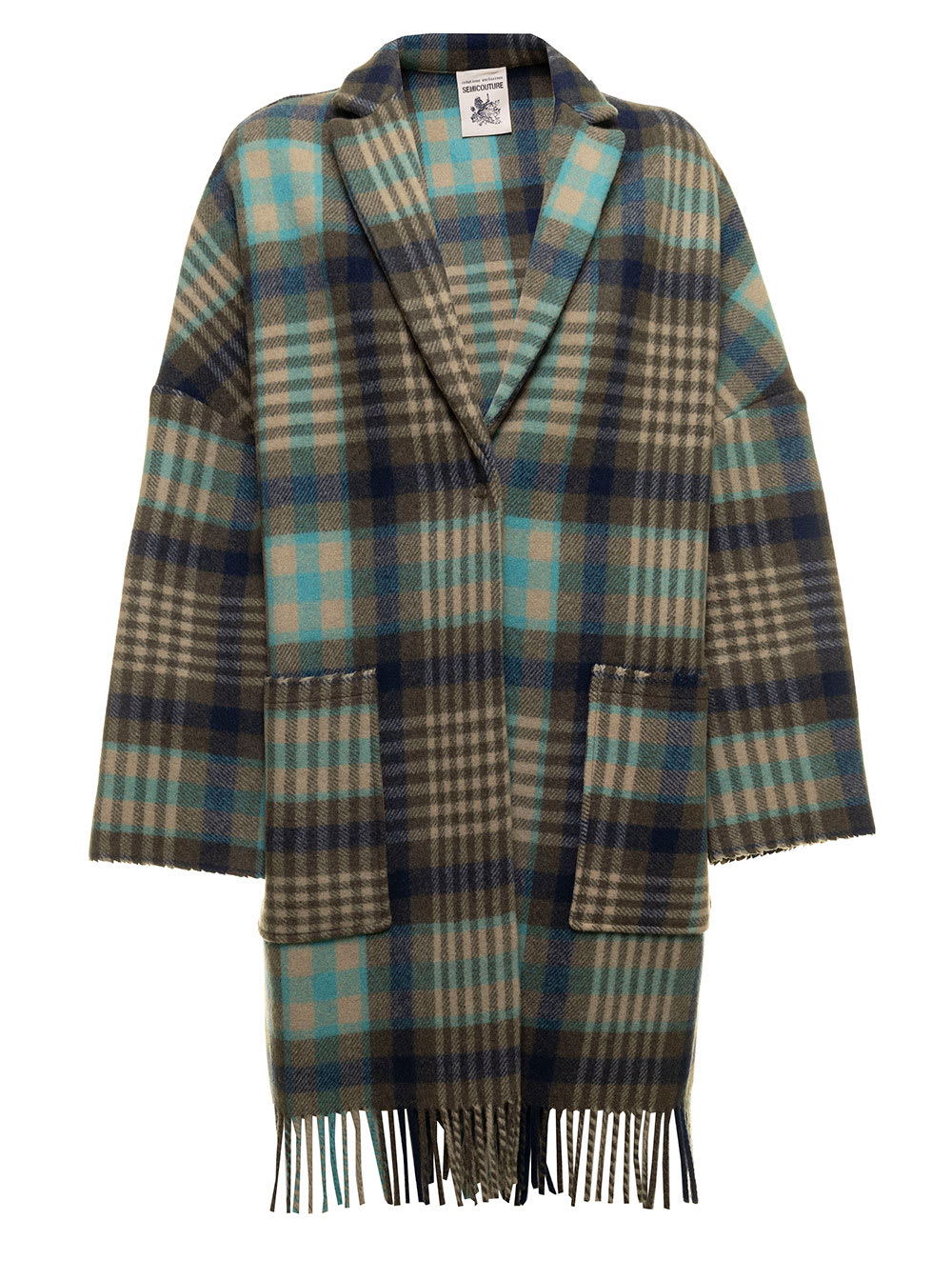 SEMICOUTURE SEMICOUTURE WOMANS MULTIcolour WOOL CHECK COAT WITH FRINGES