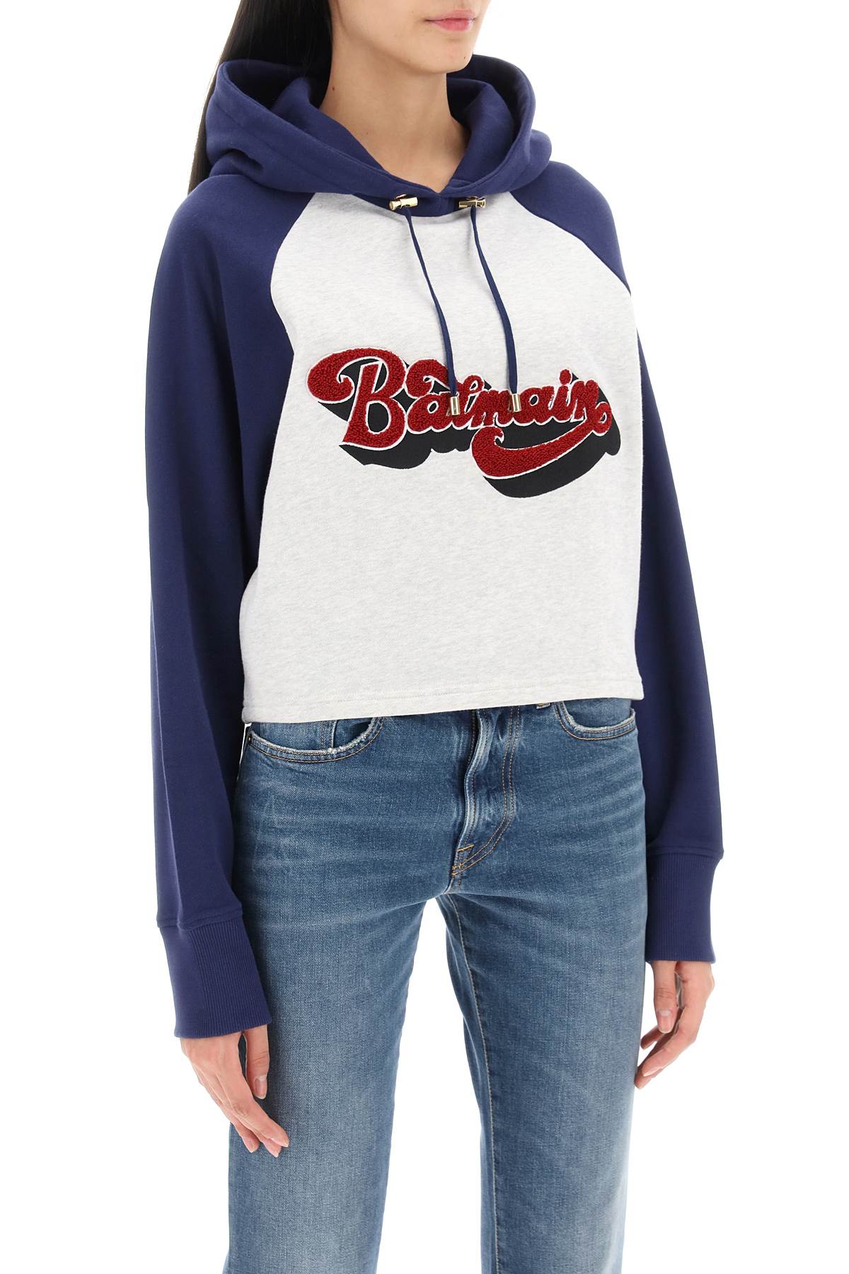 Shop Balmain 70s Cropped Hoodie In Gris Chine Marine Rouge Fonce (blue)