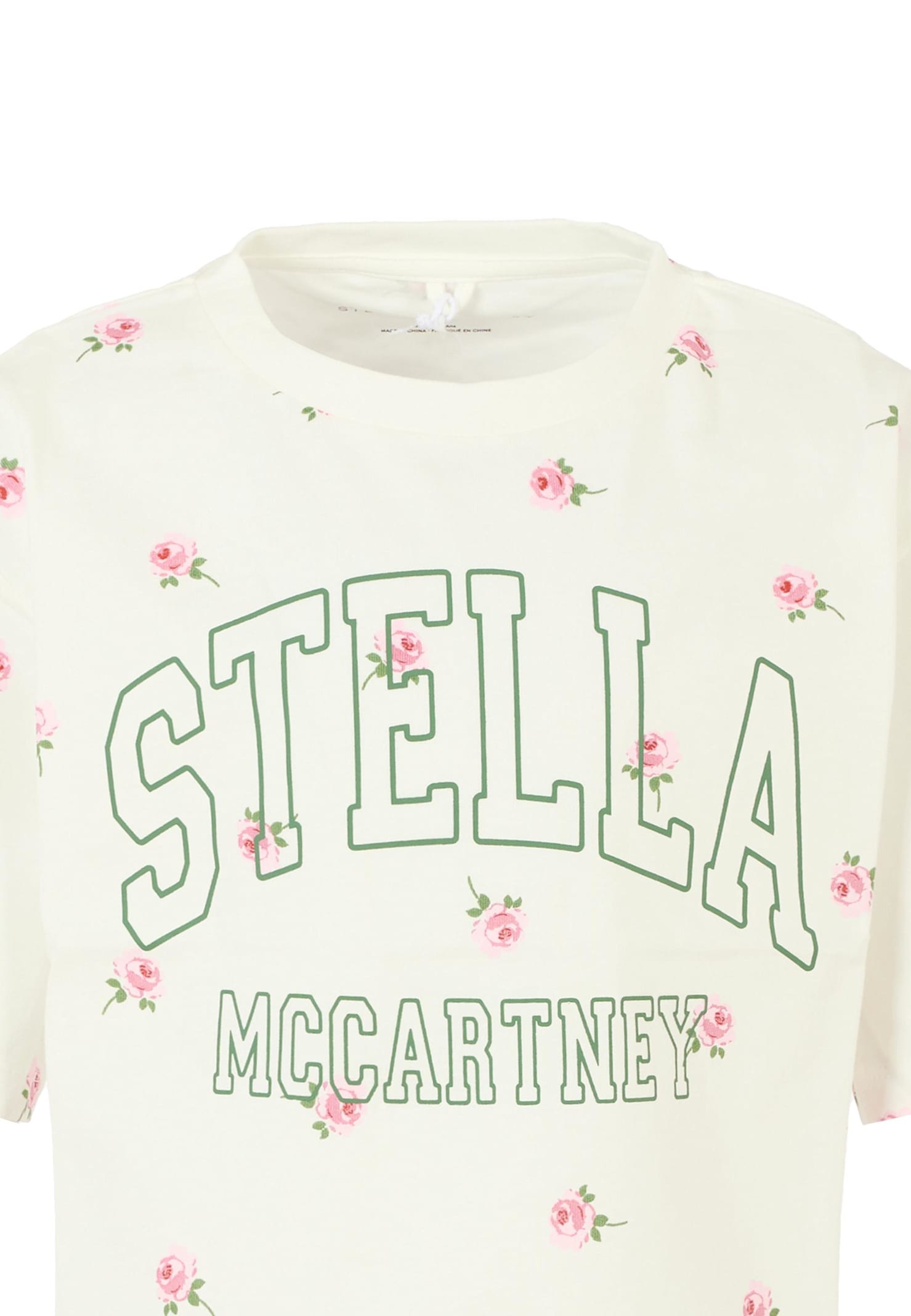 Stella Mccartney Ivory Crop T-shirt For Girl With Flowers And Logo In Multi