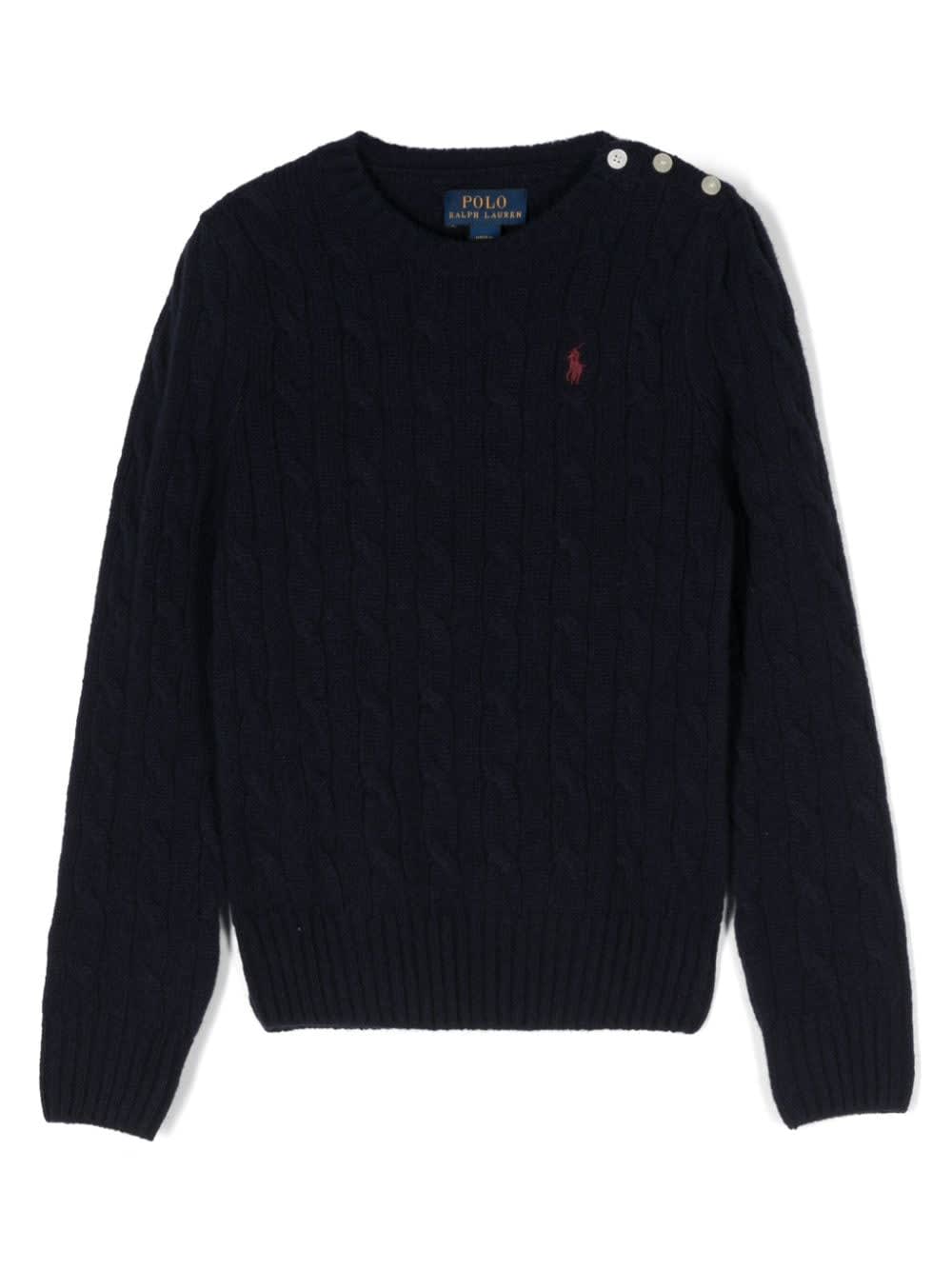 Polo Ralph Lauren Kids' Cable Cn Sweater Pullover In Hunter Navy Harvard Wine