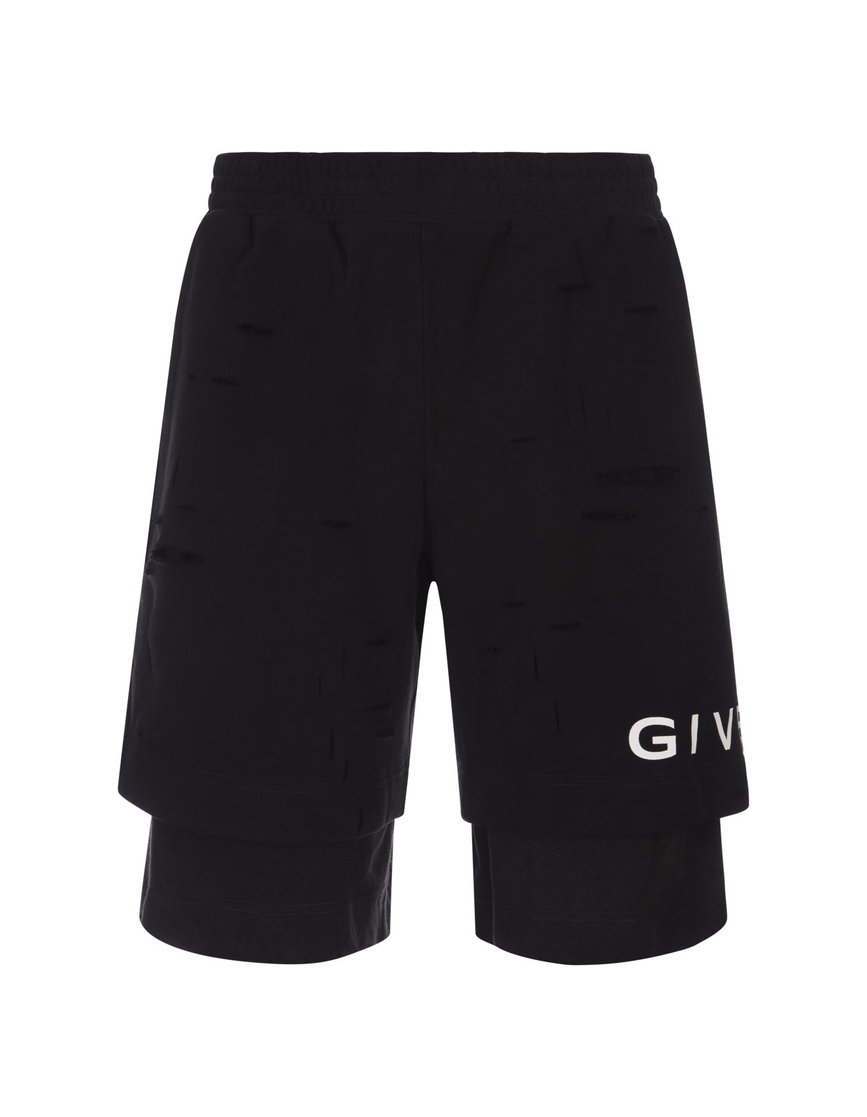 Shop Givenchy Black Destroyed Track Bermuda Shorts With Logo
