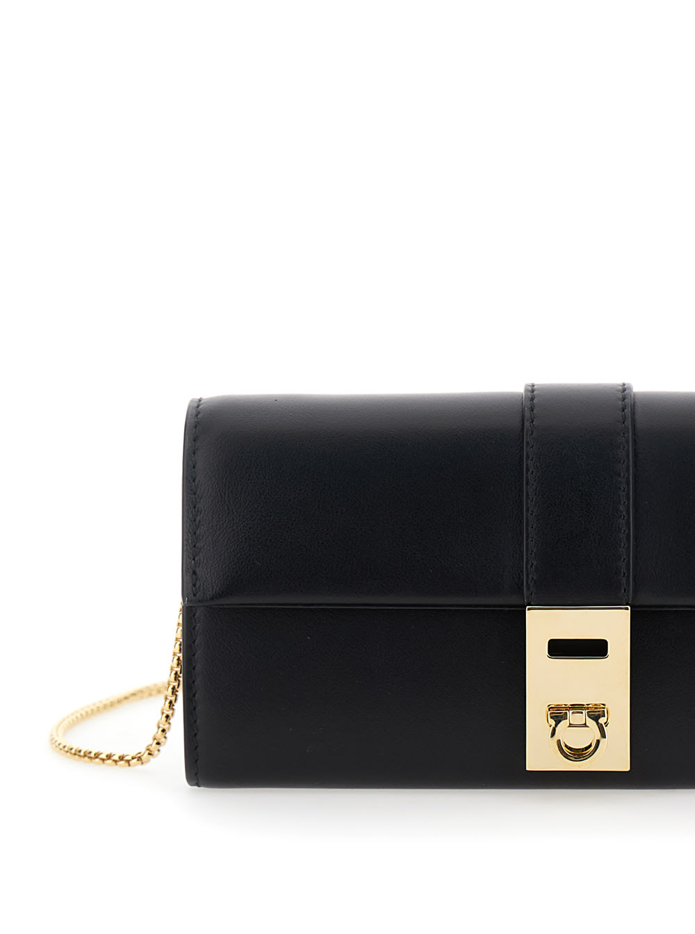 Shop Ferragamo Hug Black Wallet On Chain With Gancini Closure In Smooth Leather Woman