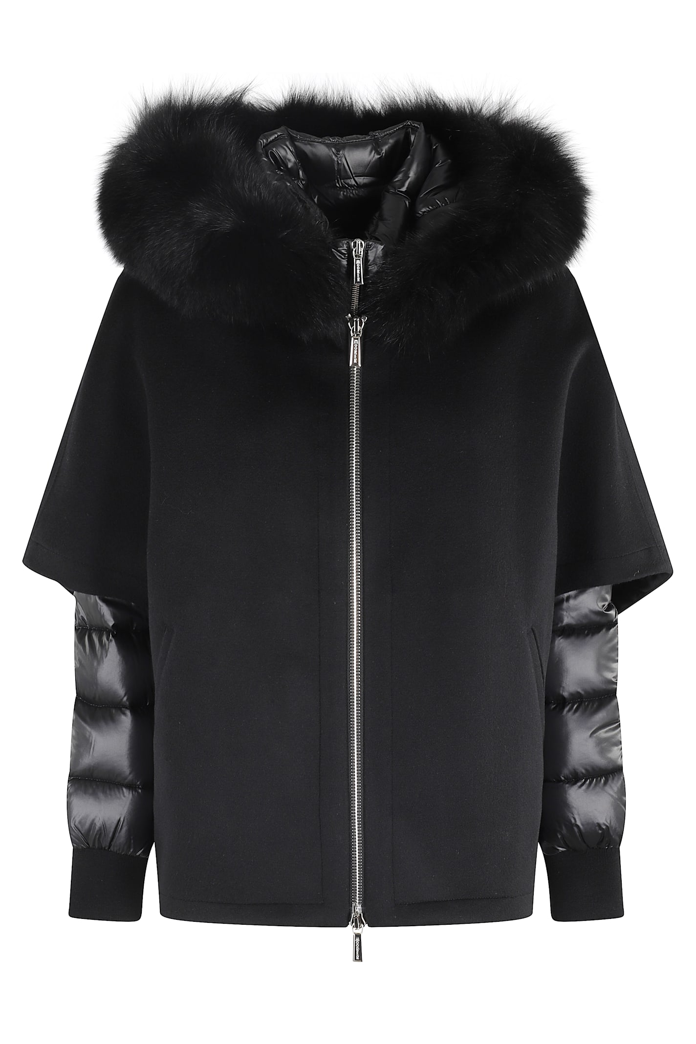 Moorer Cape-design Wool Coat With Down Jacket And Fox Fur Hood In Black
