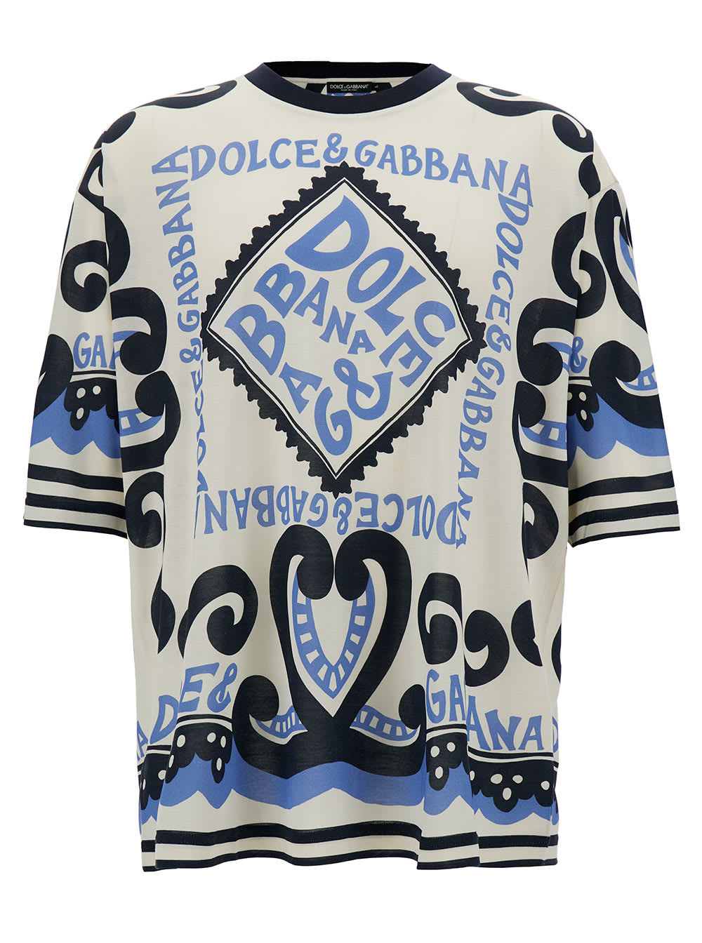 Shop Dolce & Gabbana Light Blue And White Crewneck T-shirt With Marina Print In Silk Man