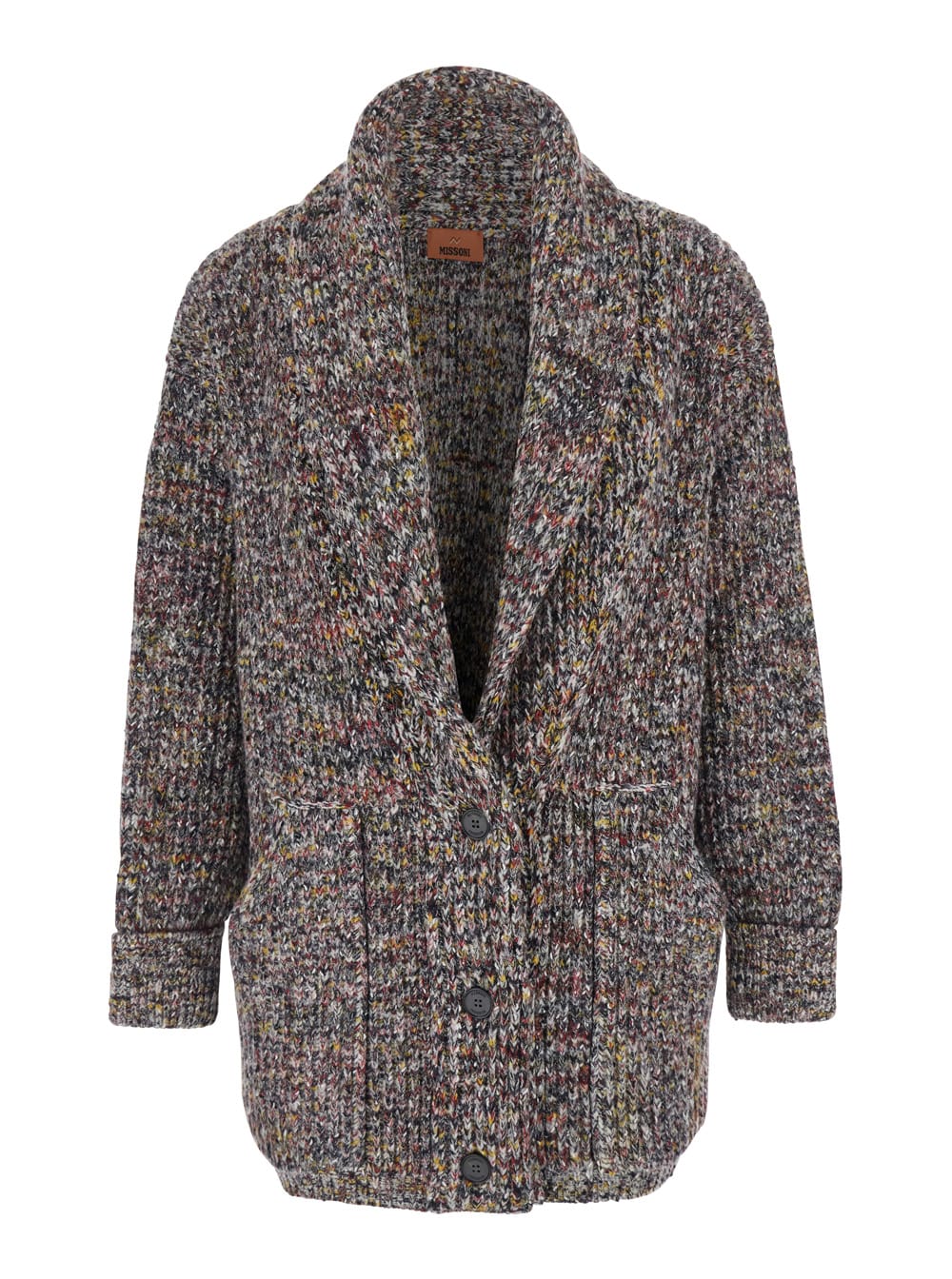 Missoni Multicolor Cardigan With Deep-neck And Flame Rib Stitch In Wool And Cotton Blend Woman In Gray