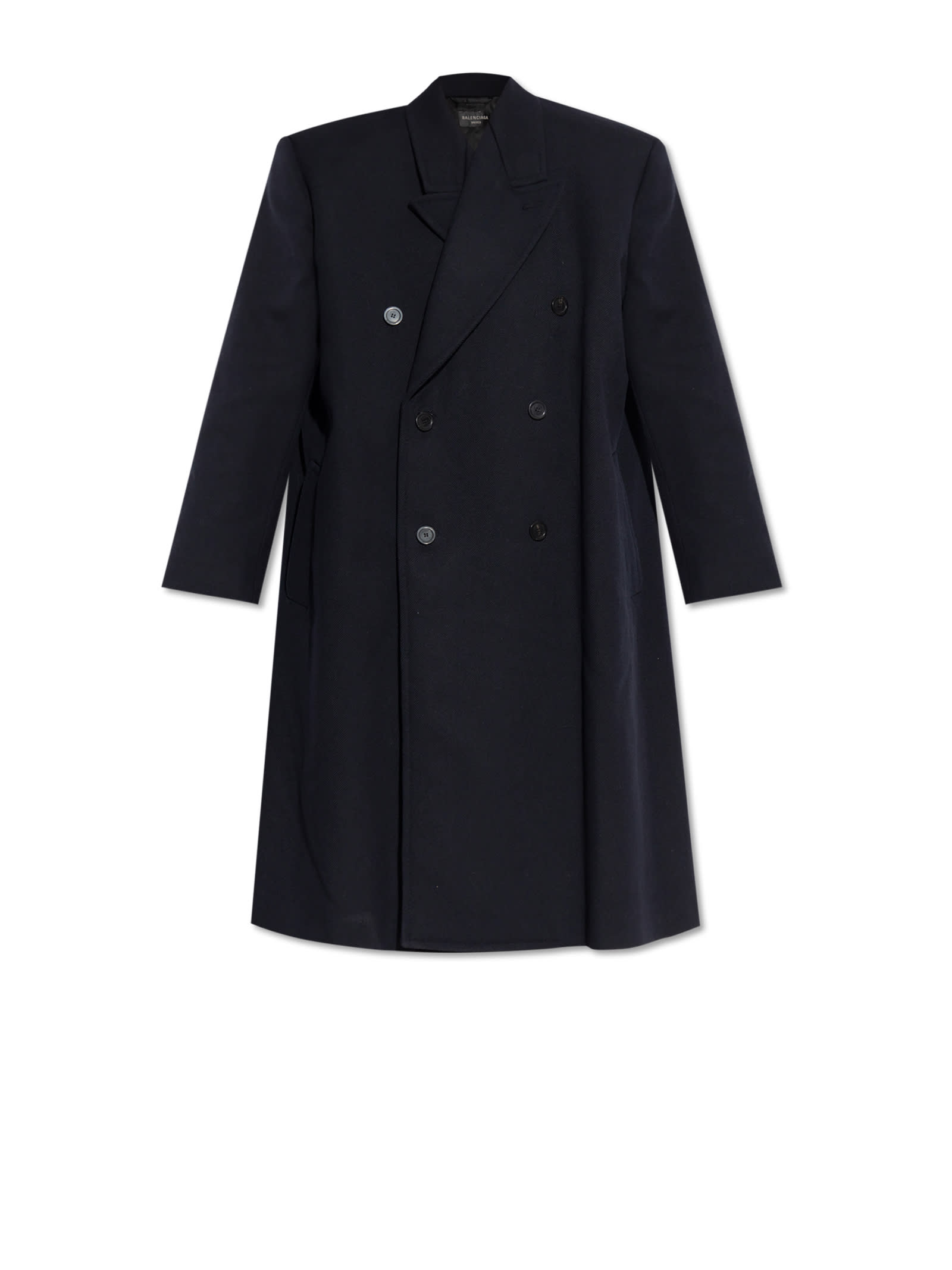 Balenciaga Blue Oversized Double Breasted Coat In Black