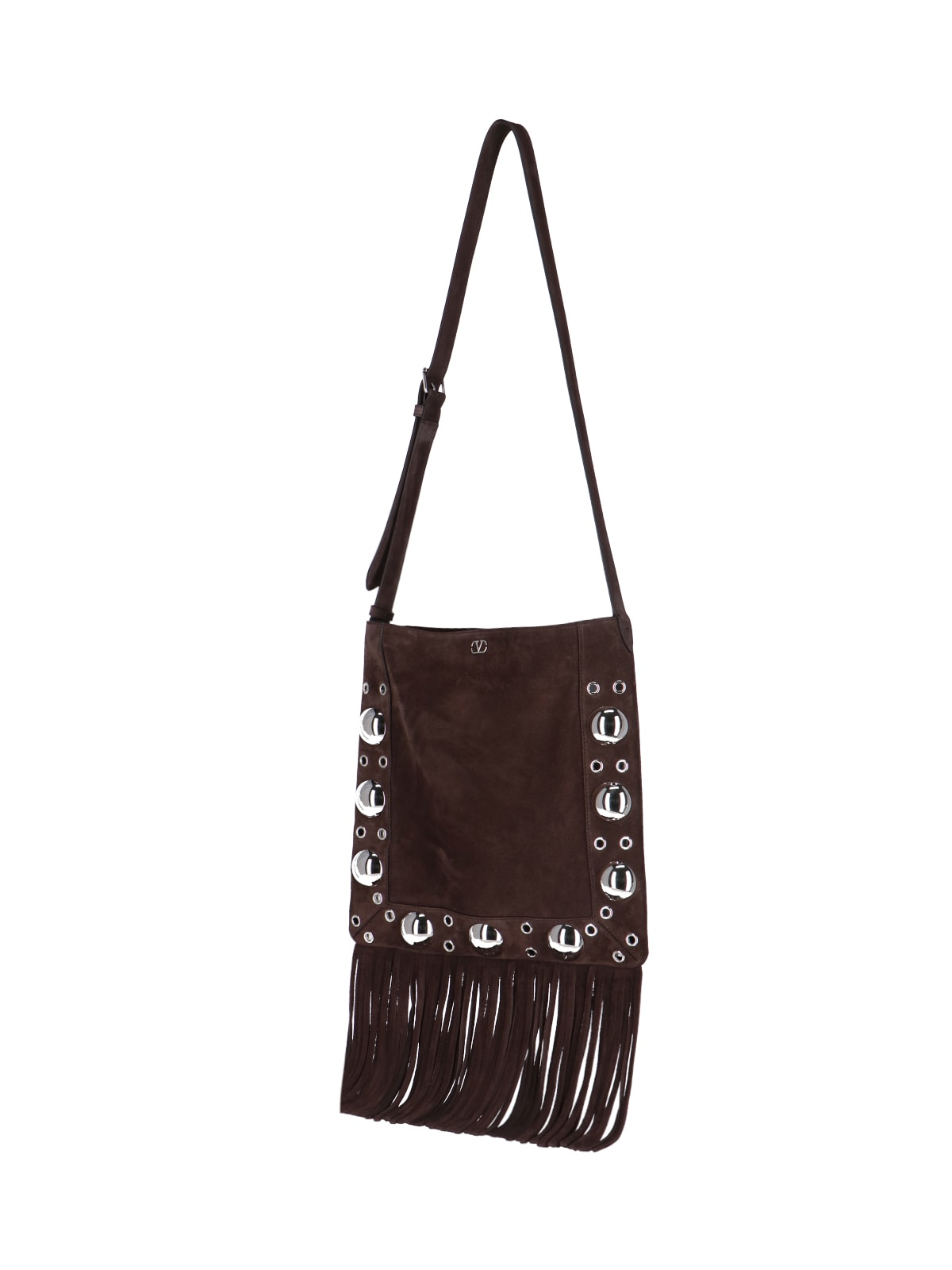 Valentino Fringed Suede Shoulder Bag With Adjustable Strap In Brown