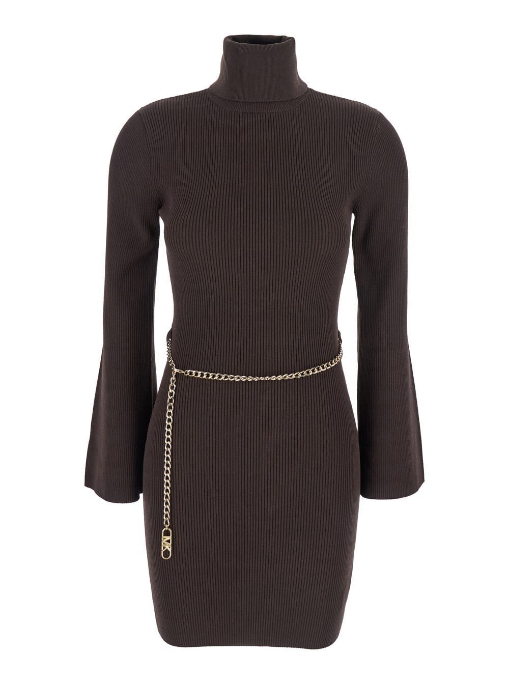Michael Michael Kors Ribbed Chain-belt Mini Dress In Brown