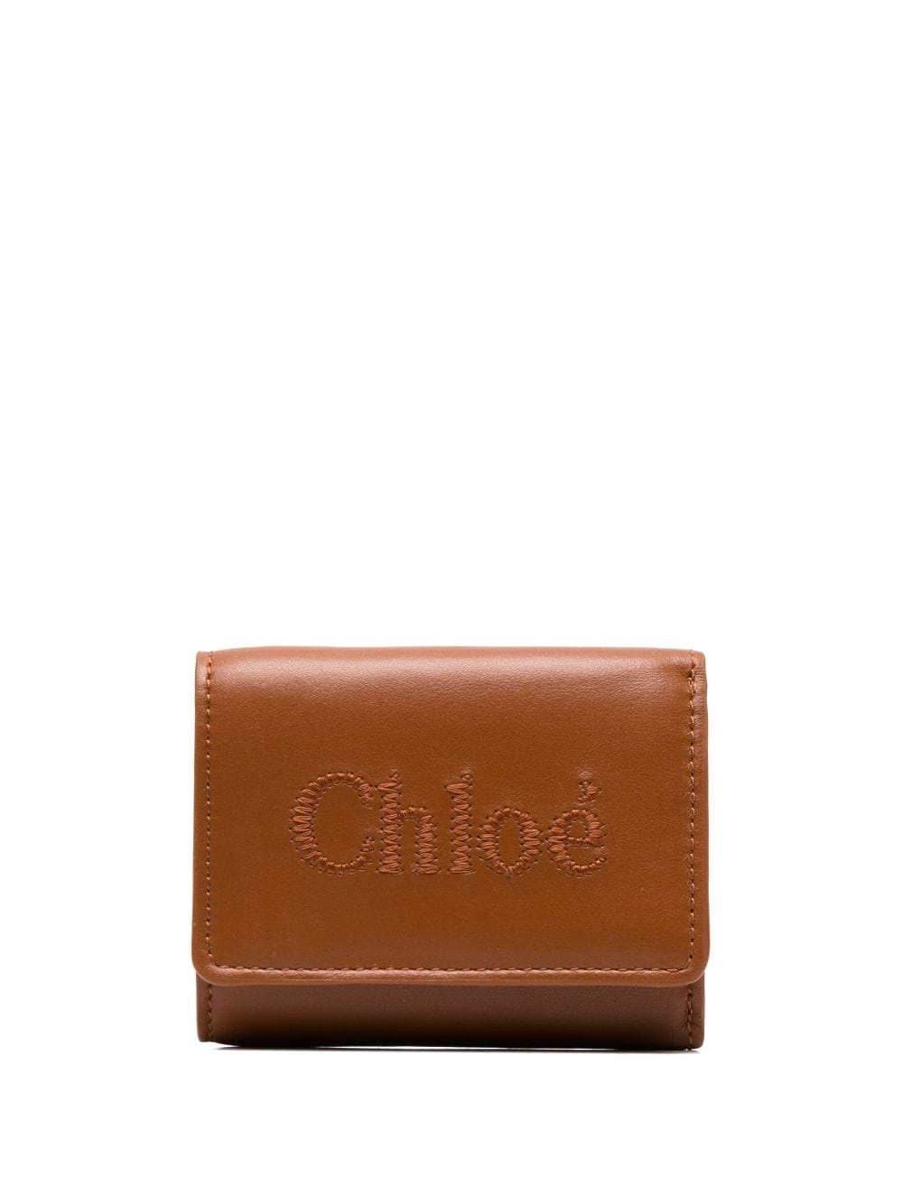 Shop Chloé Sense Logo-embroidered Leather Wallet In Caramel